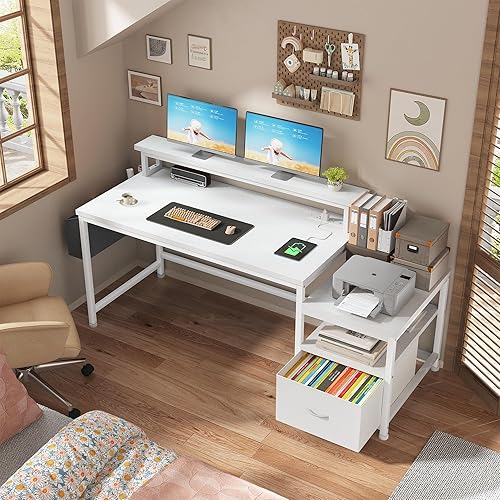 Miniatura 4 de EnHomee Escritorio de oficina de 57 pulgadas con cajones y espacio para impresora, escritorio de computadora con tomas de corriente, escritorios de