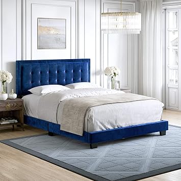 Boyd Sleep Pisa Blue Velvet Full Size Fully Upholstered Platform Bed Frame with Adjustable Headboard - No Box Spring Required, Easy Assembly, Noise Free, Durable & Sturdy Mattress Support