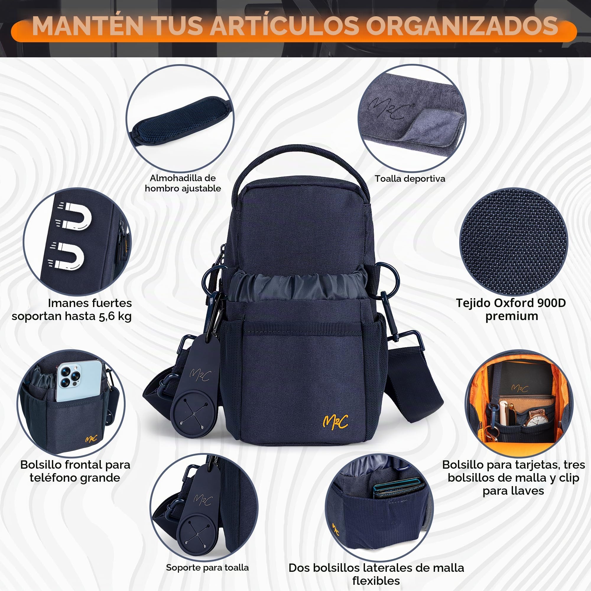 M2C® Magnetic Bottle Bag, pequeña Bolsa de Gimnasio para Hombres y Mujeres con potentes imanes, Botella de Agua y Soporte para teléfono, Clip para Llaves Y Bolsillo Principal Grande