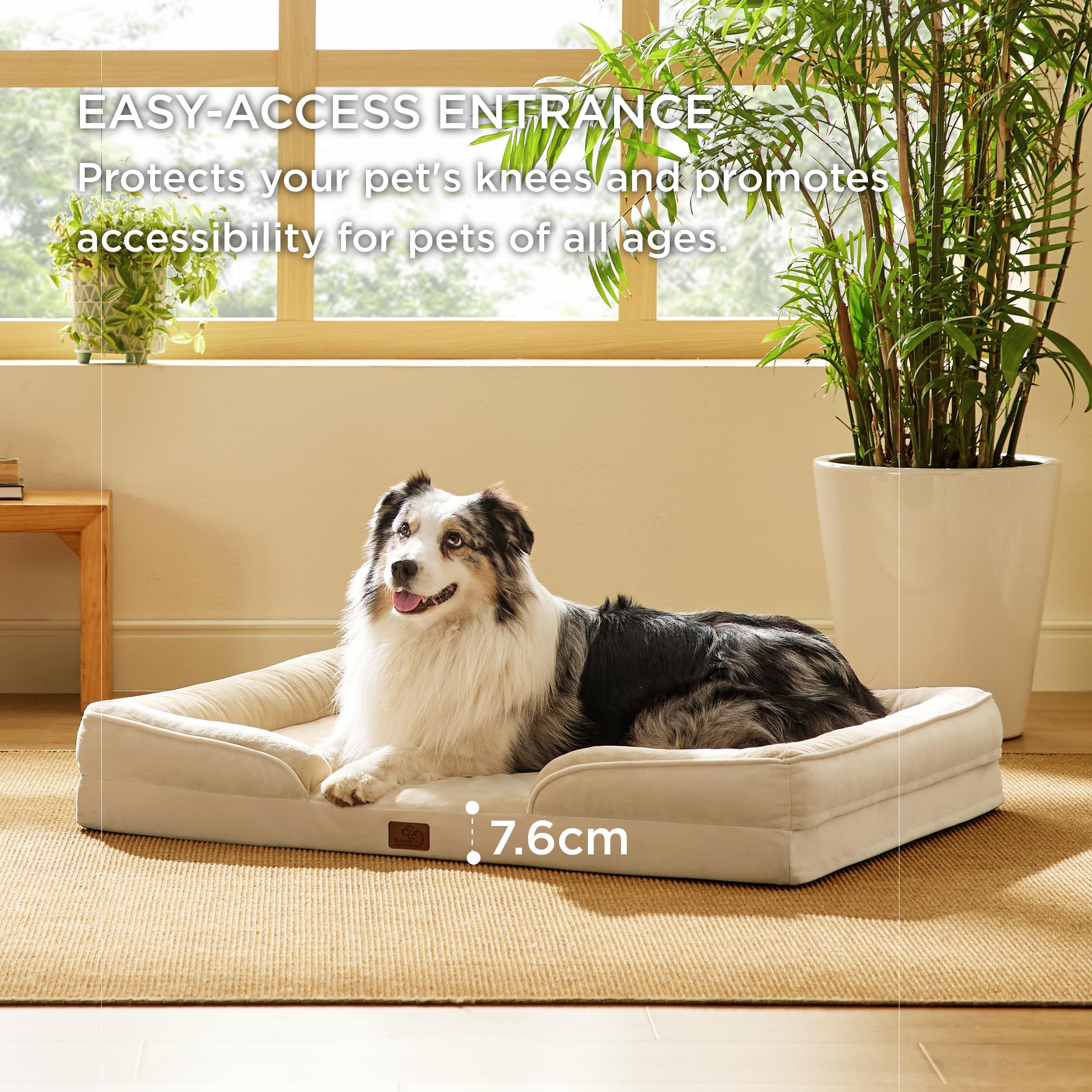 Bedsure, Letto/divano ortopedico per cani, XL, con rivestimento in flanella con cerniera sfoderabile, lavabile e impermeabile, per cani adulti, kaki chiaro, 106 x 80 x 16 cm