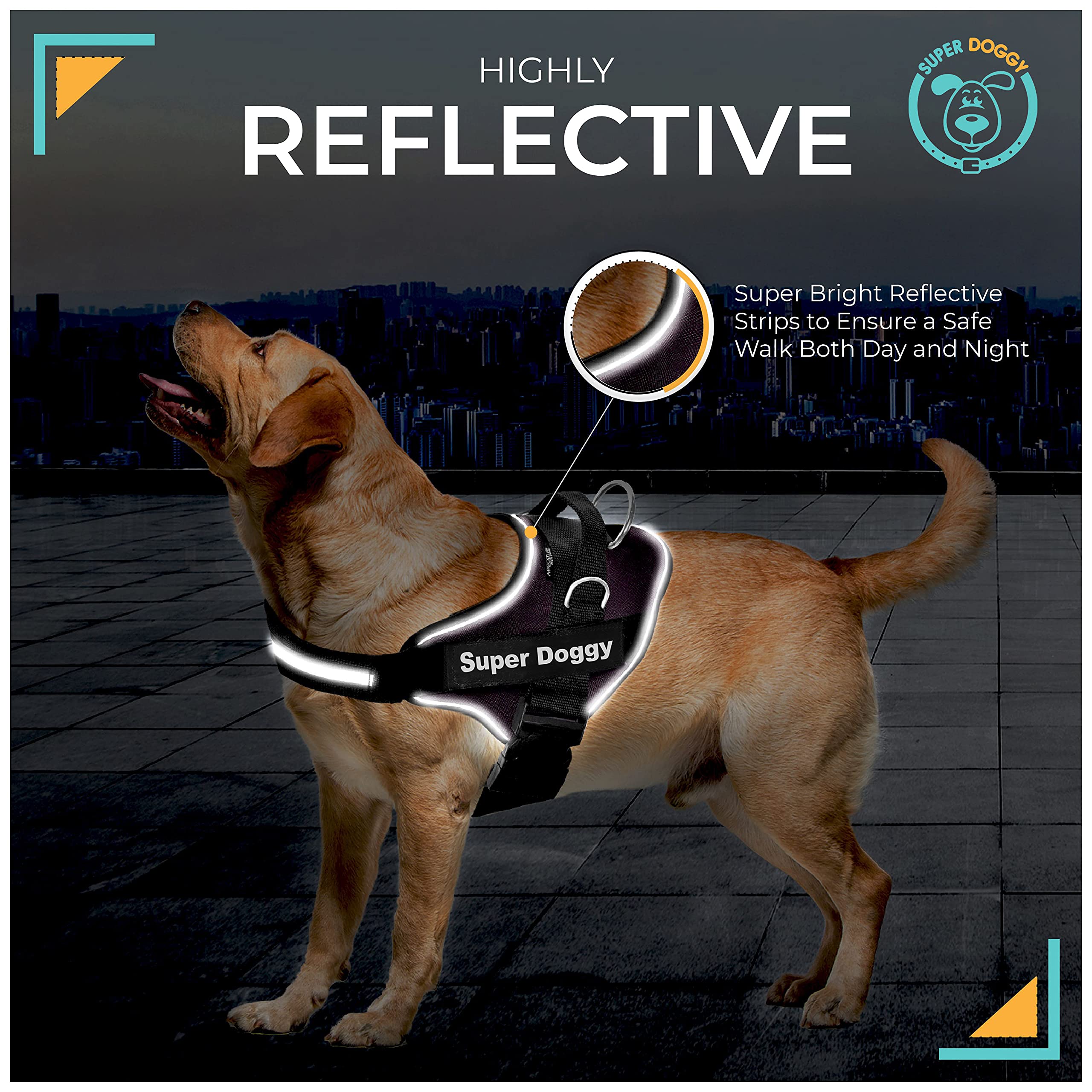 Arnes Personalizado para Perros Reflectante - Incluye 2 Etiquetas con Nombre - Tamaño Pequeño, Mediano y Grande - De Calidad y Resistente (M 13-22KG, Negro)
