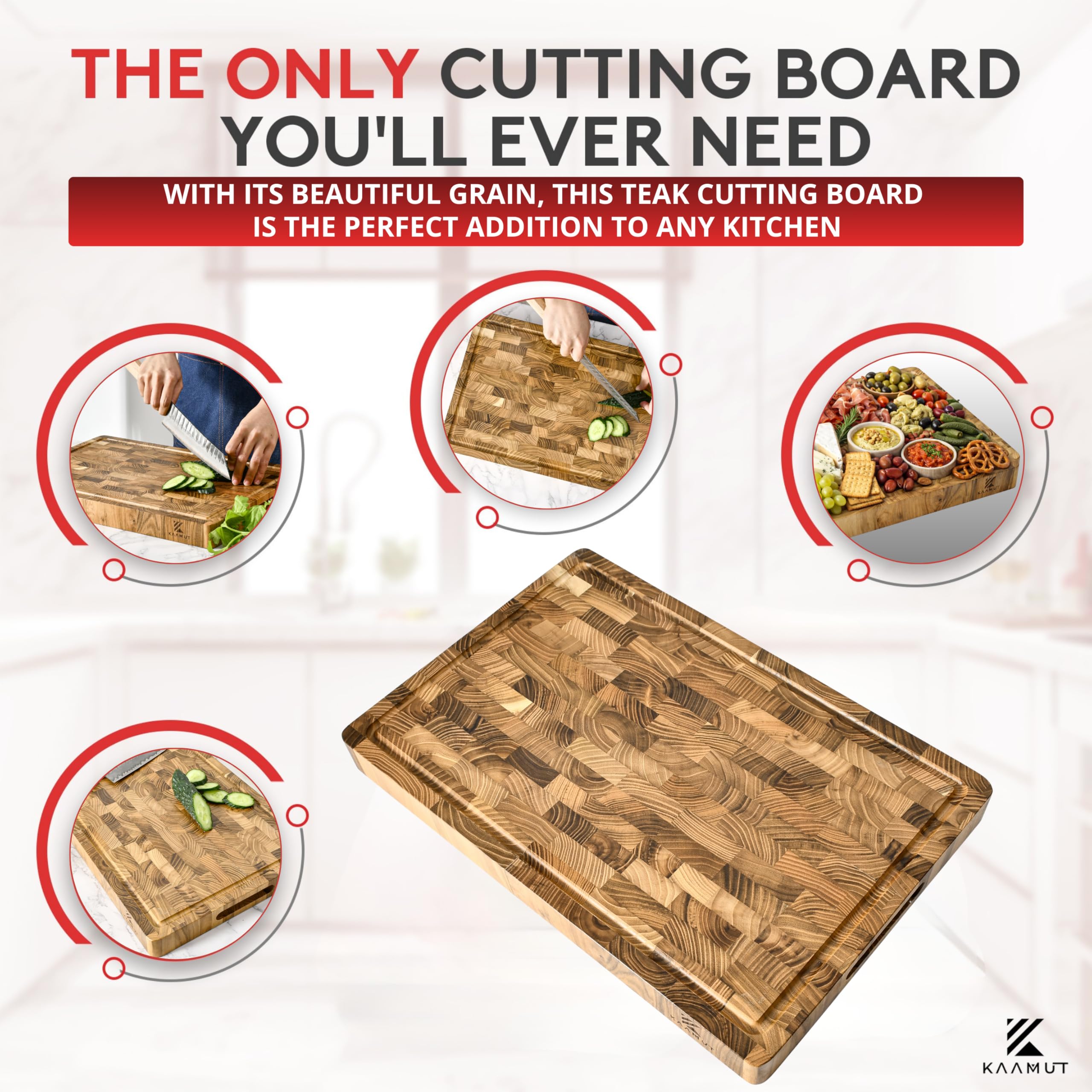 Tabla de Cortar en Teca Maciza de Testa – 45×30×4 cm – Extra Gruesa y Duradera – Con Canal para Jugos, Asas y Pies Antideslizantes – Caja de Regalo Incluida