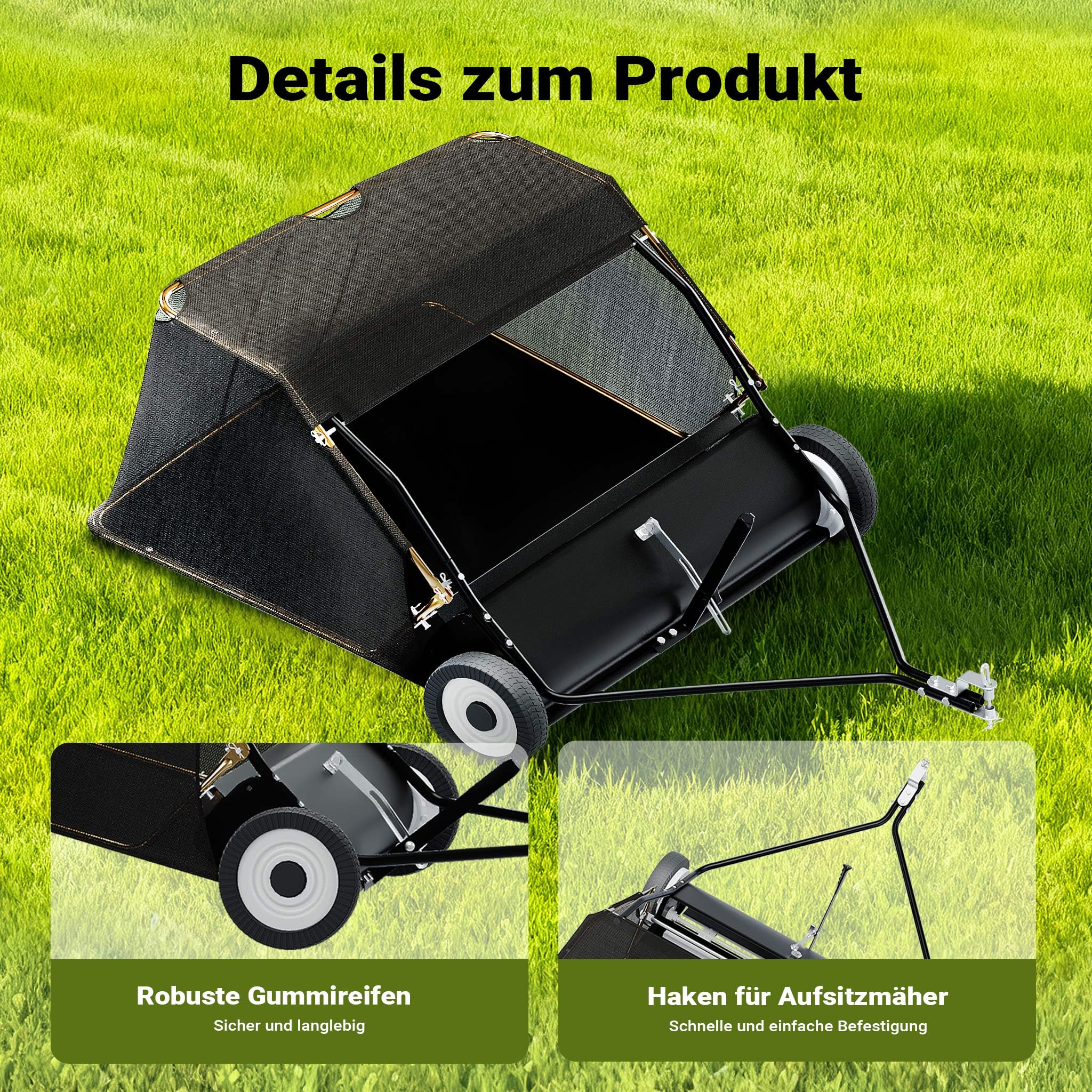 Wiltec Rasenkehrmaschine mit 105 cm Kehrbreite, Rasenkehrer für Aufsitzmäher, Laubsammler mit 365 l Auffangnetz Laubkehrmaschine für Rasentraktor