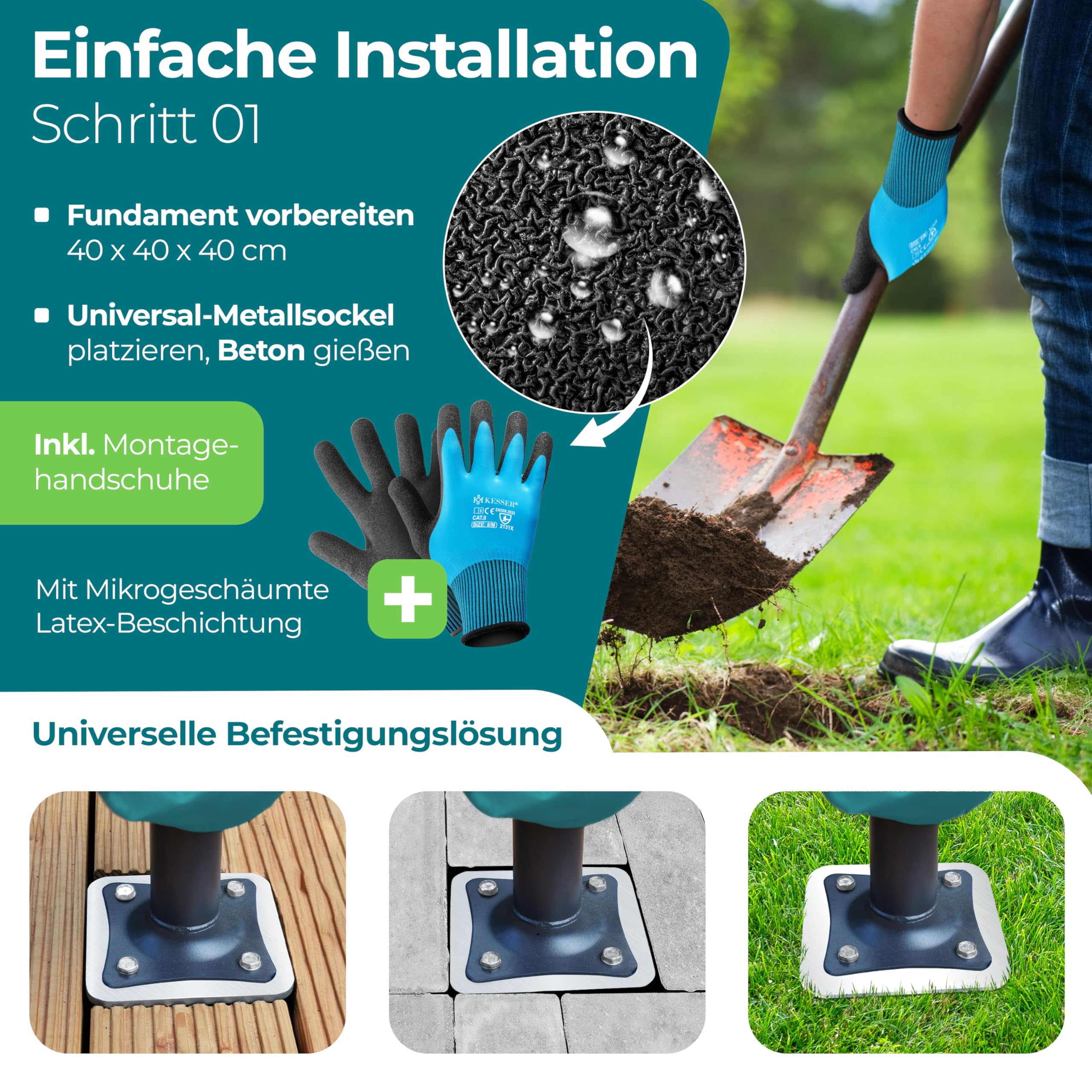 KESSER® Metall Universal-Bodenplatte | Sonnenschirmständer für Sonnenschirm & Ampelschirm | Bodenhülse für Kurbelschirm | Sonnenschirm-Schirm-Ständer | Bodenanker inklusive Handschuhe | Silber