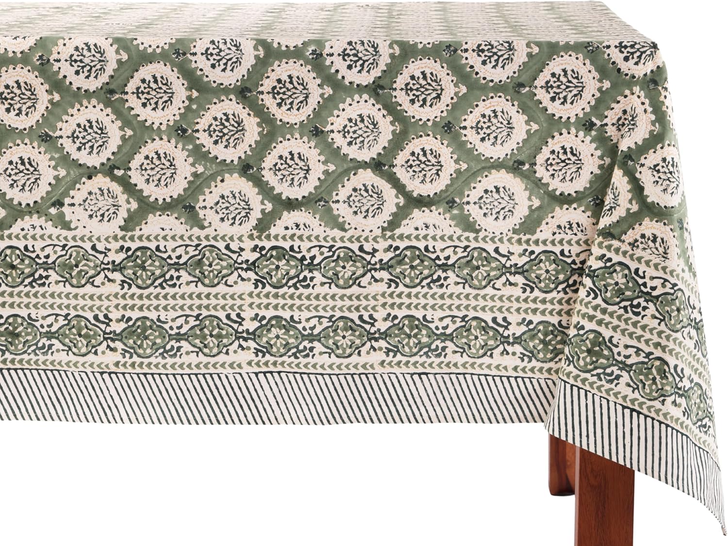 ATOSII Kari Green 100% Cotton Rectangle Boho Summer Tablecloth, Block Print Floral Table Cloth Linen for Dining, Parties, Wedding, Outdoors Home Decor 60 X 108 Inches I 8 Seater I