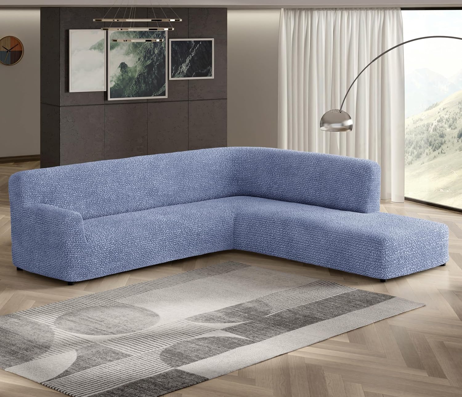 PAULATO BY GA.I.CO. Stretch Sectional Sofa Slipcovers 1-Piece Non-Slip – Elastic L Shape Couch Cover – Soft Furniture Protector Washable – Blue (Right-Facing Bumper 120"-195" Wide)