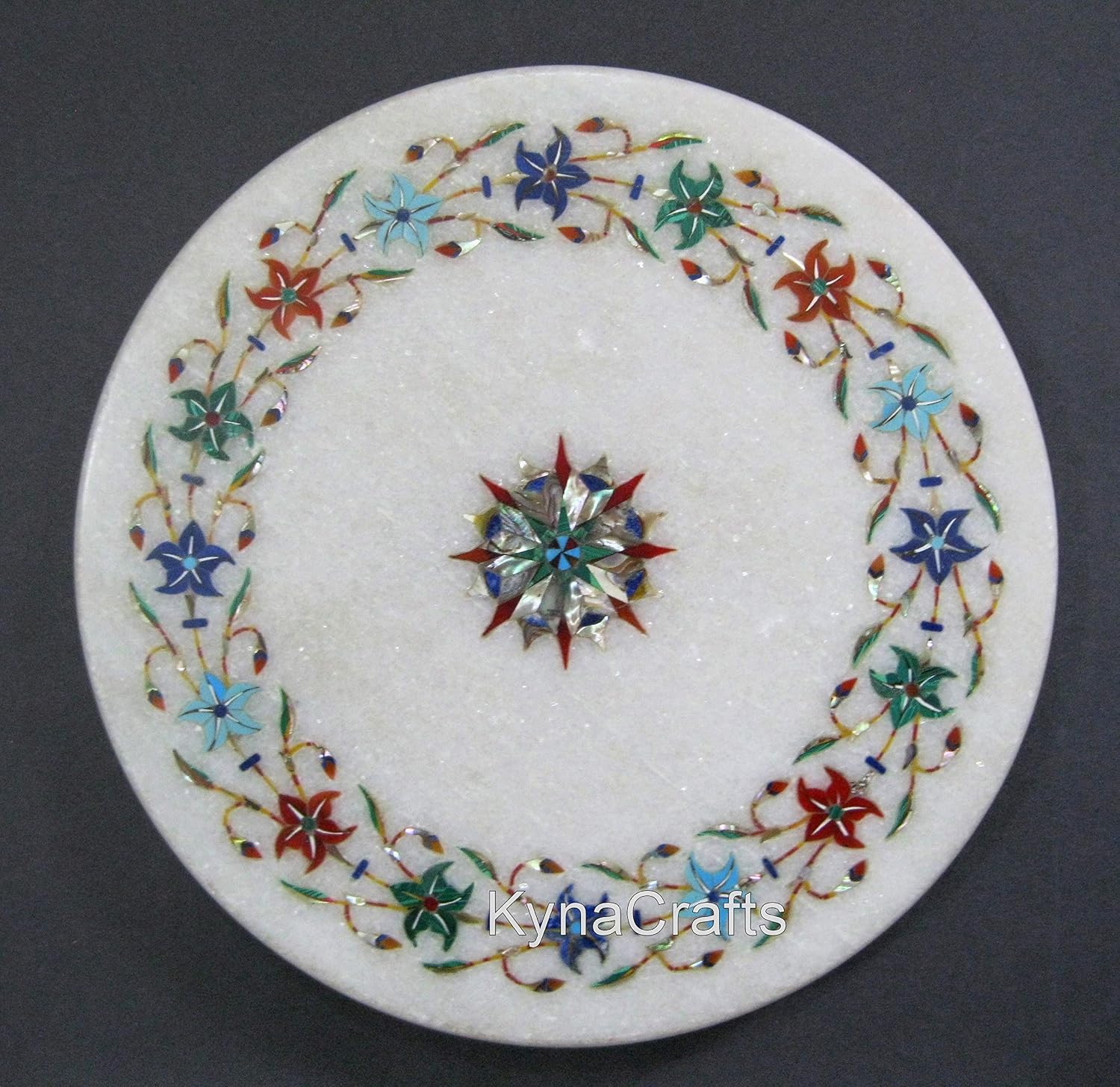 Handmade Marble Chakla Platter with Semi Precious Stones Inlay Work 10 x 10 Inches Vintage Marble Tortilla Maker from Indian Handicrafts