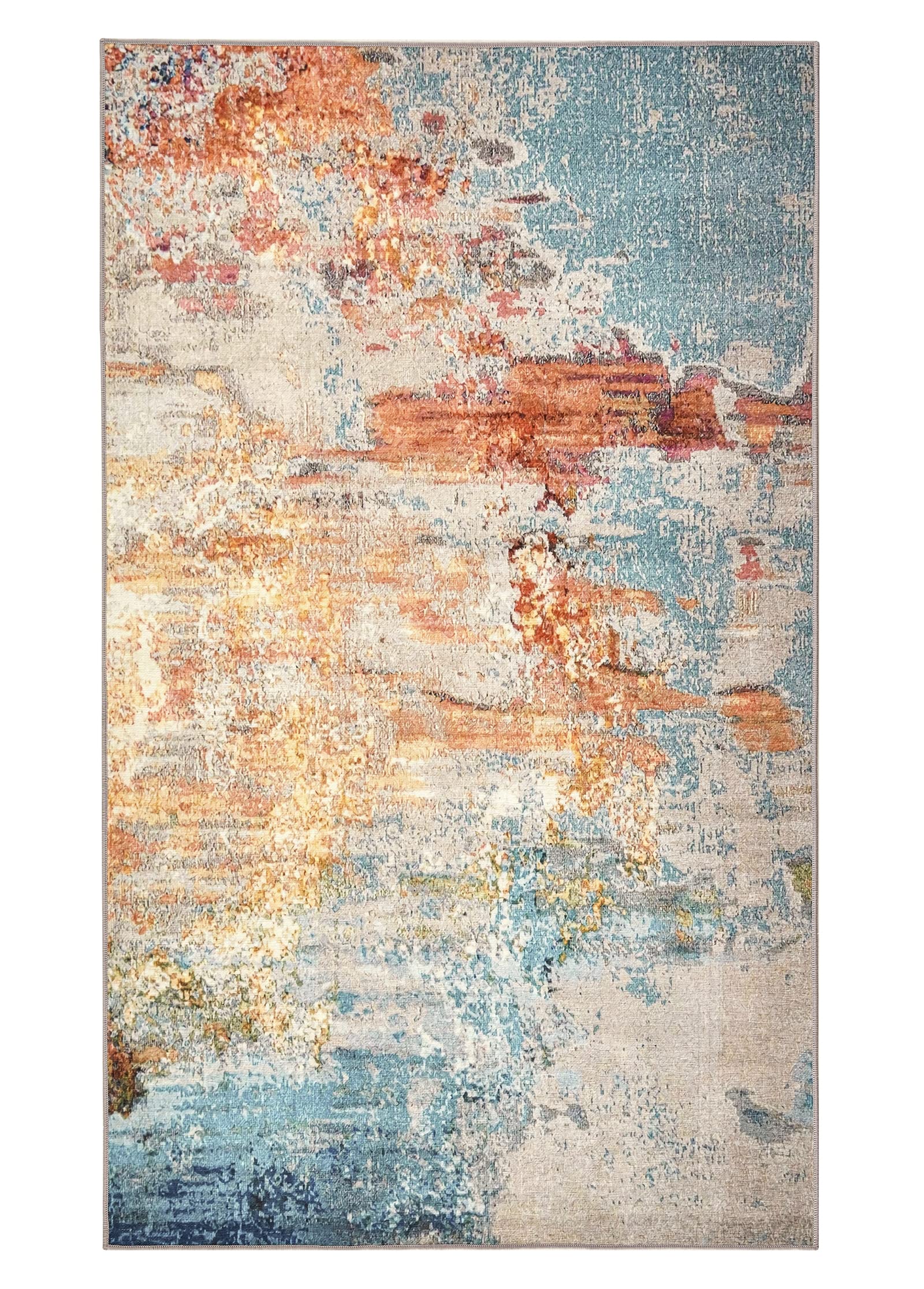 RoomTalks Flatweave Thin Colorful Modern Abstract Area Rugs 5x7 for Dining Living Room Bedroom Entryway Stain Resistant Washable Orange Turquoise Bright Contemporary Indoor Carpet Non Slip
