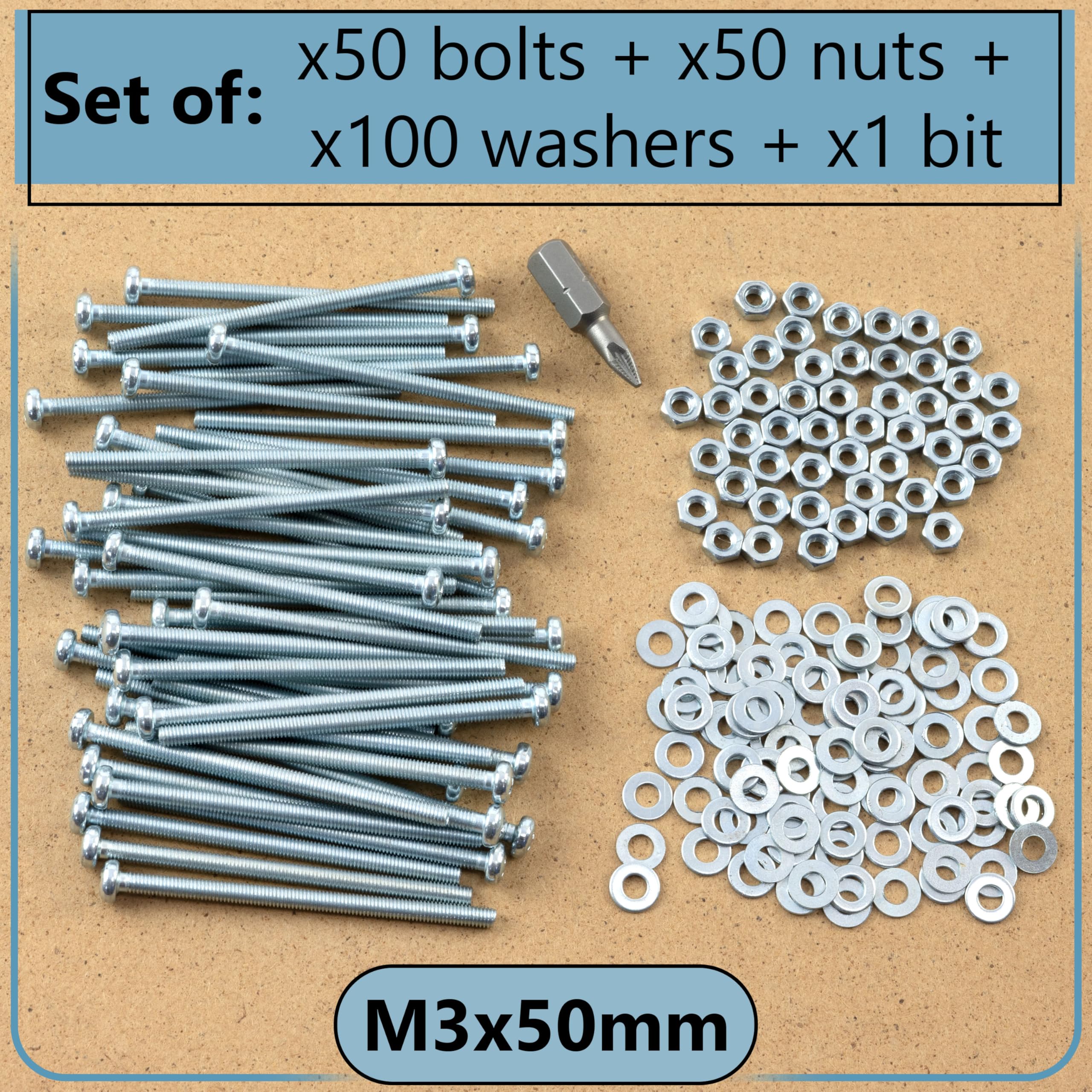 AERZETIX Kit fissaggio M3x50 mm / 50 viti metalliche / 50 dadi esagonali / 100 rondelle piatte / 1 utensile 1/4 PZ1