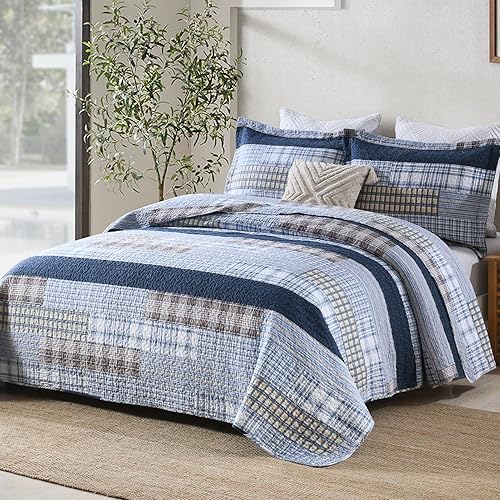 Vista 24 de Y-PLWOMEN Colcha tamaño Queen – Colcha reversible de 100% algodón a rayas, ligera, acogedora y moderna, ropa de cama de campo para todas las Azul