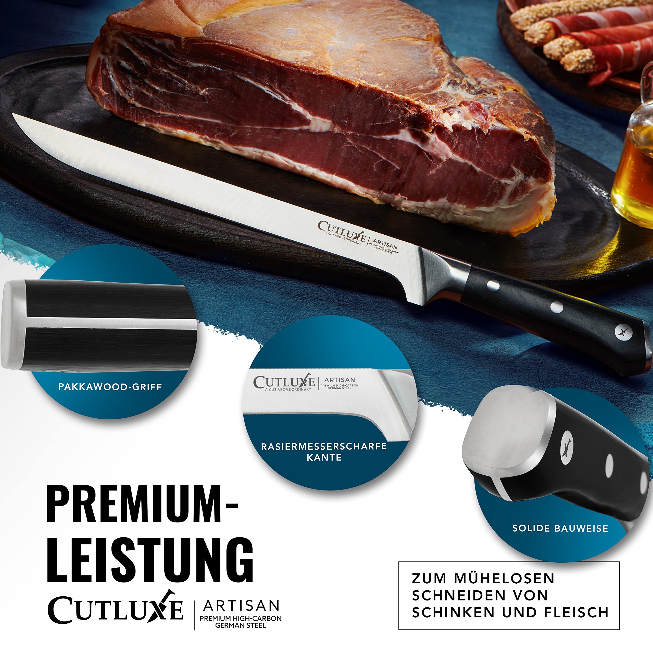 Cutluxe Schinkenmesser - 25cm Tranchiermesser für Fleisch und BBQ - Scharfes Messer aus deutschem Stahl - Volltang und ergonomisches Griffdesign - Artisan Serie