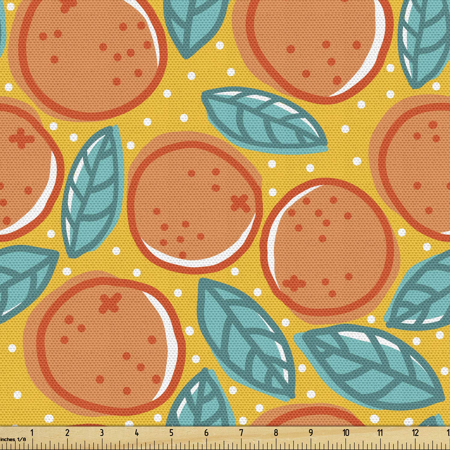 Lunarable Citrus Fabric by The Yard, Fruit Art Graphic of Oranges and Leaves Retro Print, Decorative Fabric for Upholstery and Home Accents, 2 Yards, Coral Teal