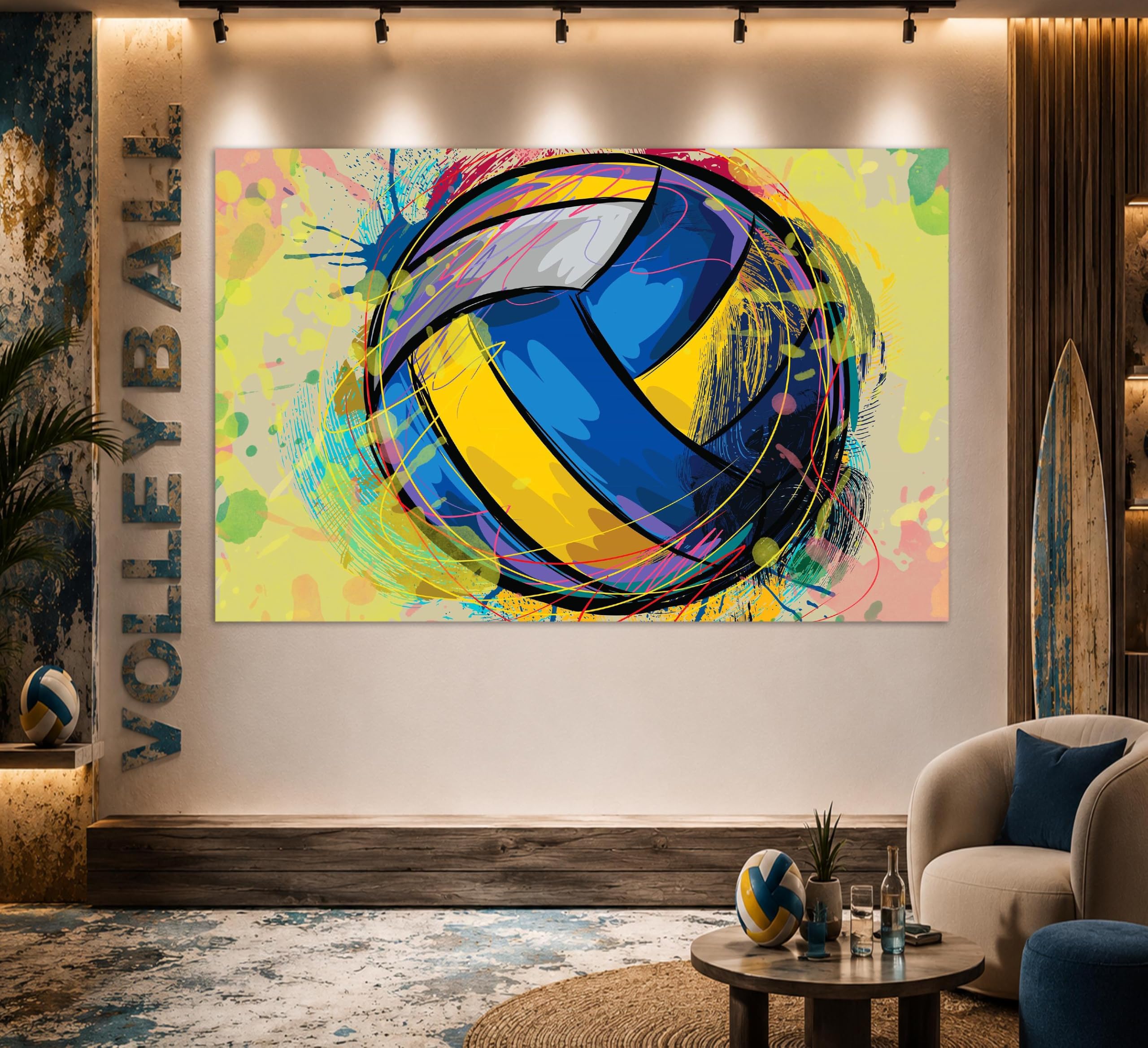TONGYINLI Tableau abstrait sur toile représentant un volley-ball, peinture à l'huile sur toile, thème sportif (70 x 110 cm, sans cadre)