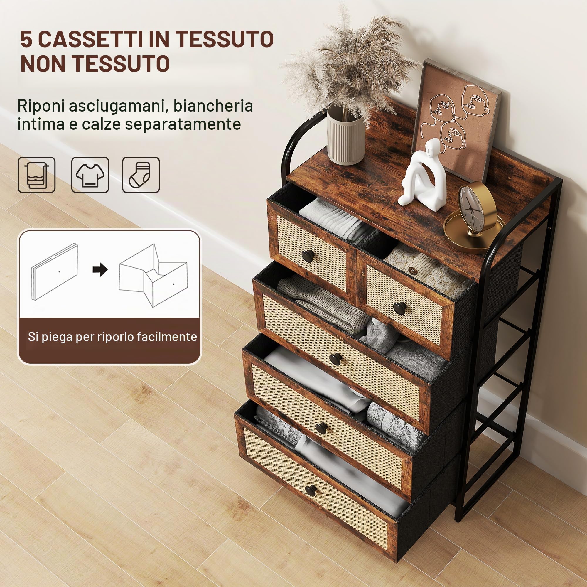 HOMCOM Cassettiera in tessuto per camera 5 cassetti Marrone Rustico