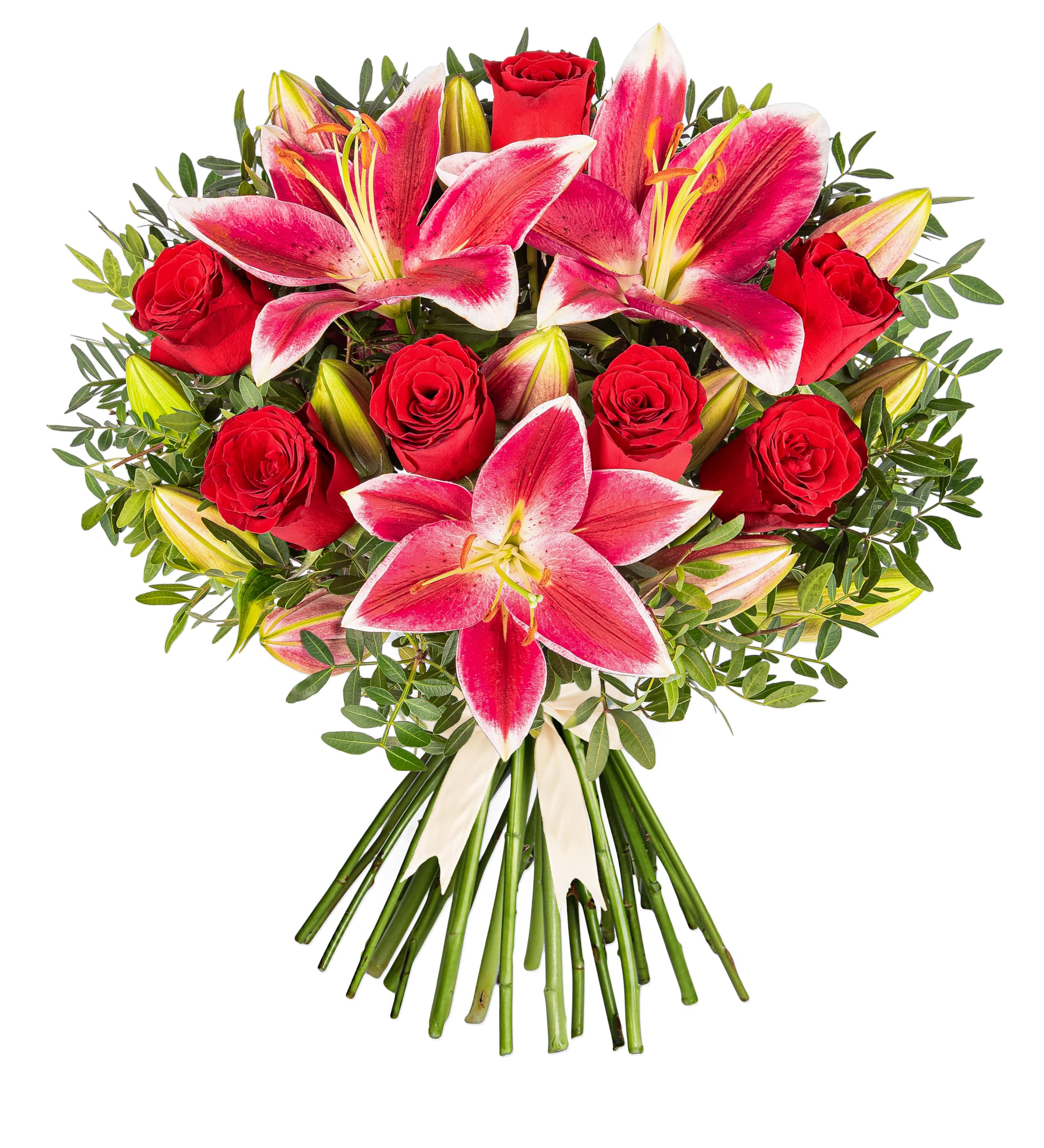 Be Mine - Fresh Flowers - Rhodos Roses, and watch as the budded Lilies unveil their stunning blooms- Fresh Flowers - Valentines Flowers - Flowers for Her - Valentines Bouquet (Large)