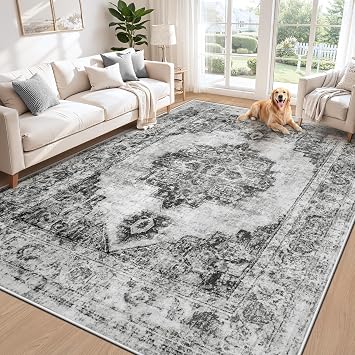 Area Rug 6x9 Vintage Rugs Washable Indoor Medallion Rug Low Pile Distressed Floor Carpet Retro Accent Rugs for Living Room Bedroom Kitchen Dining Table Home OfficeBlack, 6x9