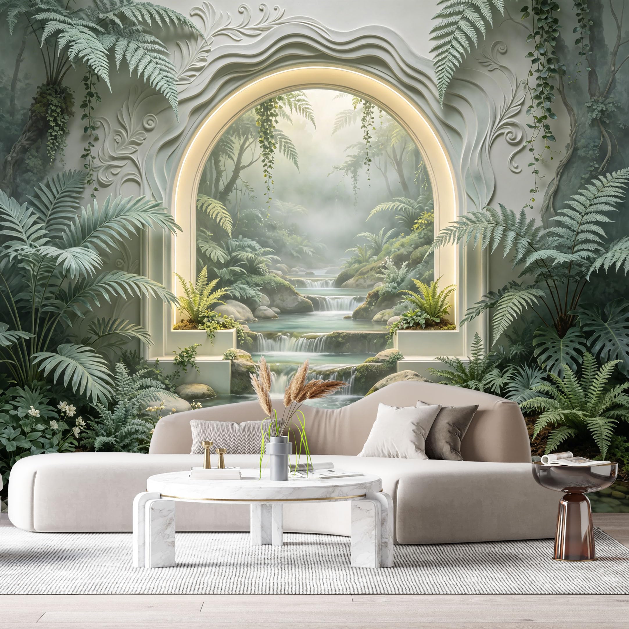 Custom Size Wall Murals Tropical Waterfall Fern Arch 3D Trompe L'Oeil SelfAdhesiveWall Fabric Removable Wallpaper Wall Decor for Living Room Bedroom Bathroom