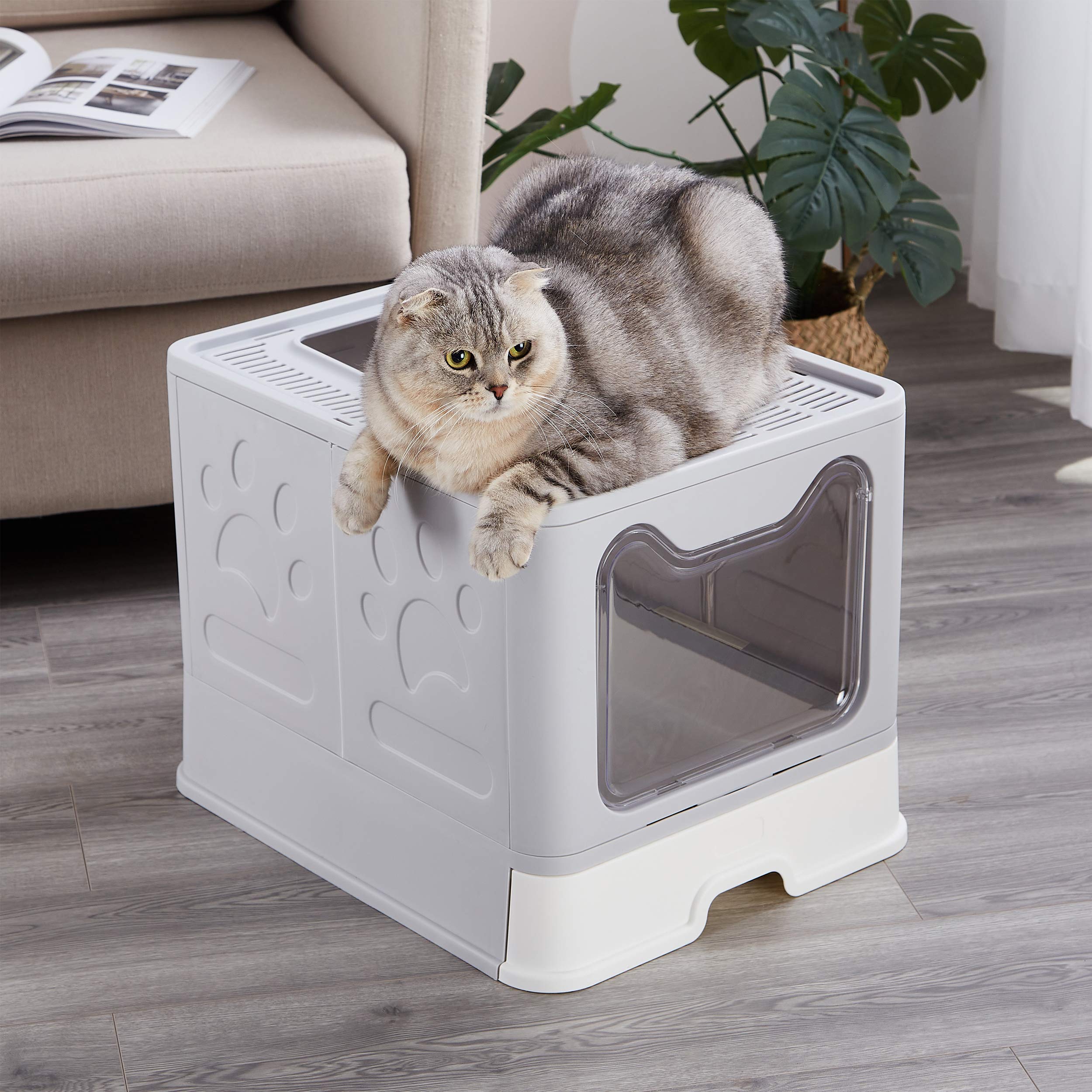 Vealind Foldable Cat Litter Box with Lid Front Entry & Top Exit XXL