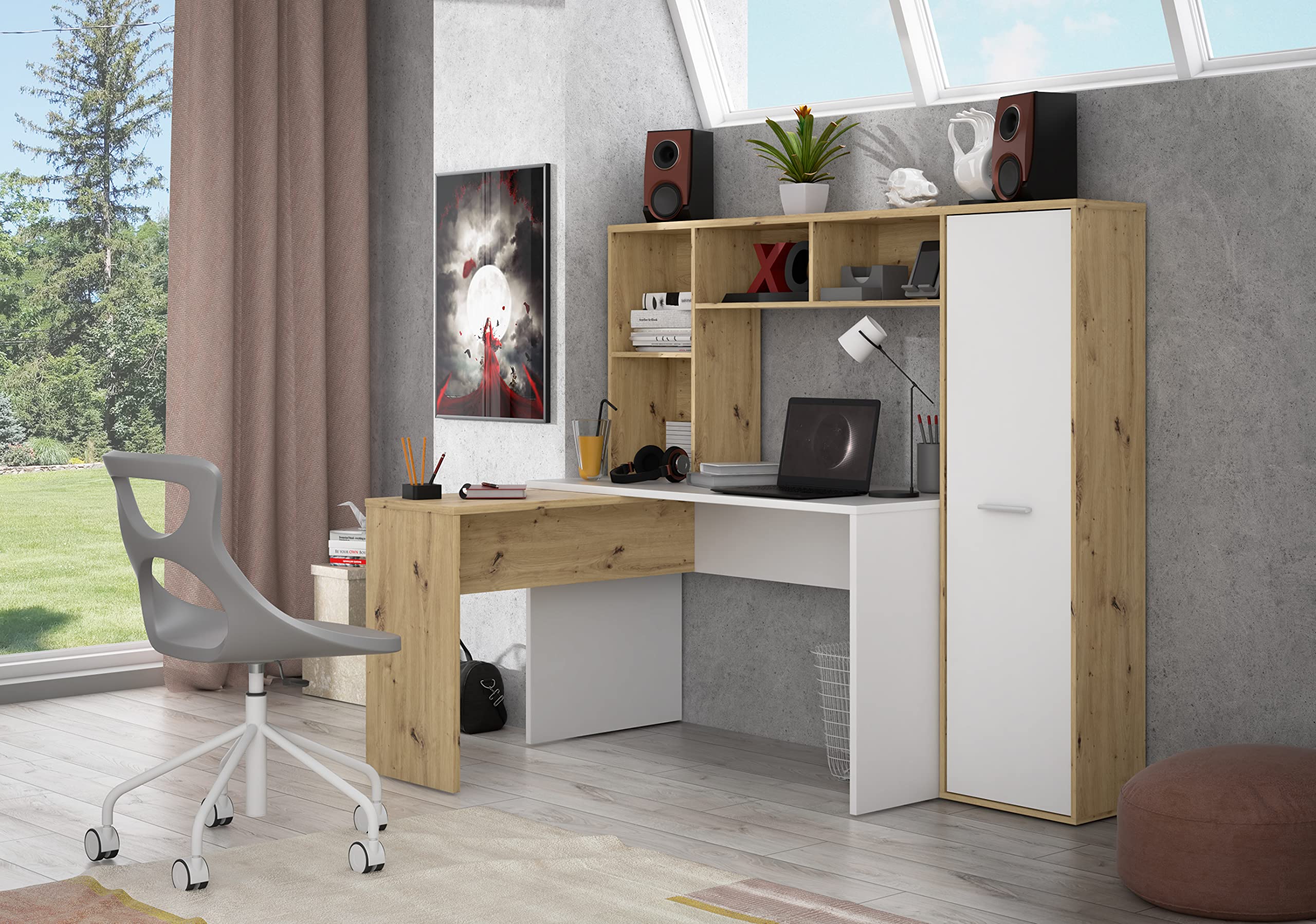 Forte ERIADU Schreibtisch 170 180, moderner Schreibtisch, Computertisch, Büro, Home Office, Holzwerkstoff, Artisan Eiche Holzdekor/Weiß, 173 cm breit x 152 cm hoch x 116 cm tief