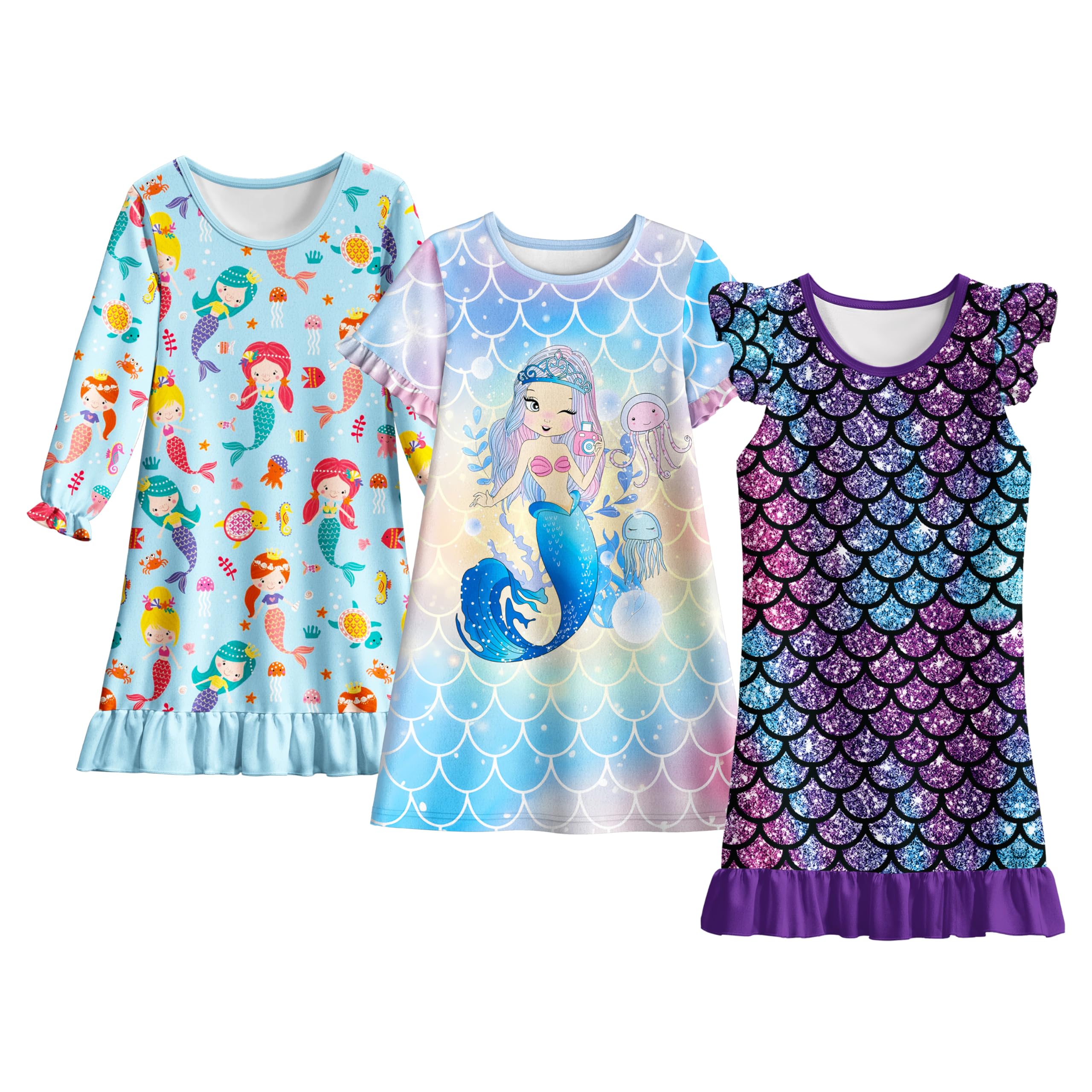 LQSZ Girls Nightgowns 3-Pack Toddler Nightdress Dress Sleepwear Pajamas for Girls 3-10 Years
