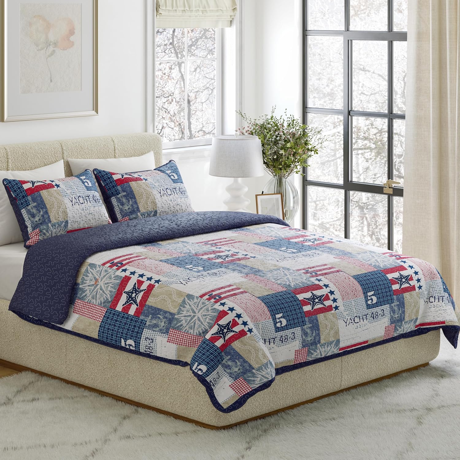 3-Piece Quilt Set - Full/Queen Bedding with Nautical Americana Patchwork Print - All-Season Soft Microfiber Bedspread with Pillow Shams by Lavish Home