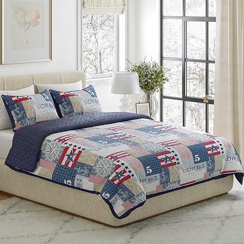 LHC - Juego de edredón de 2 piezas con estampado de retazos náuticos americanos, colcha de microfibra suave para todas las estaciones con fundas de