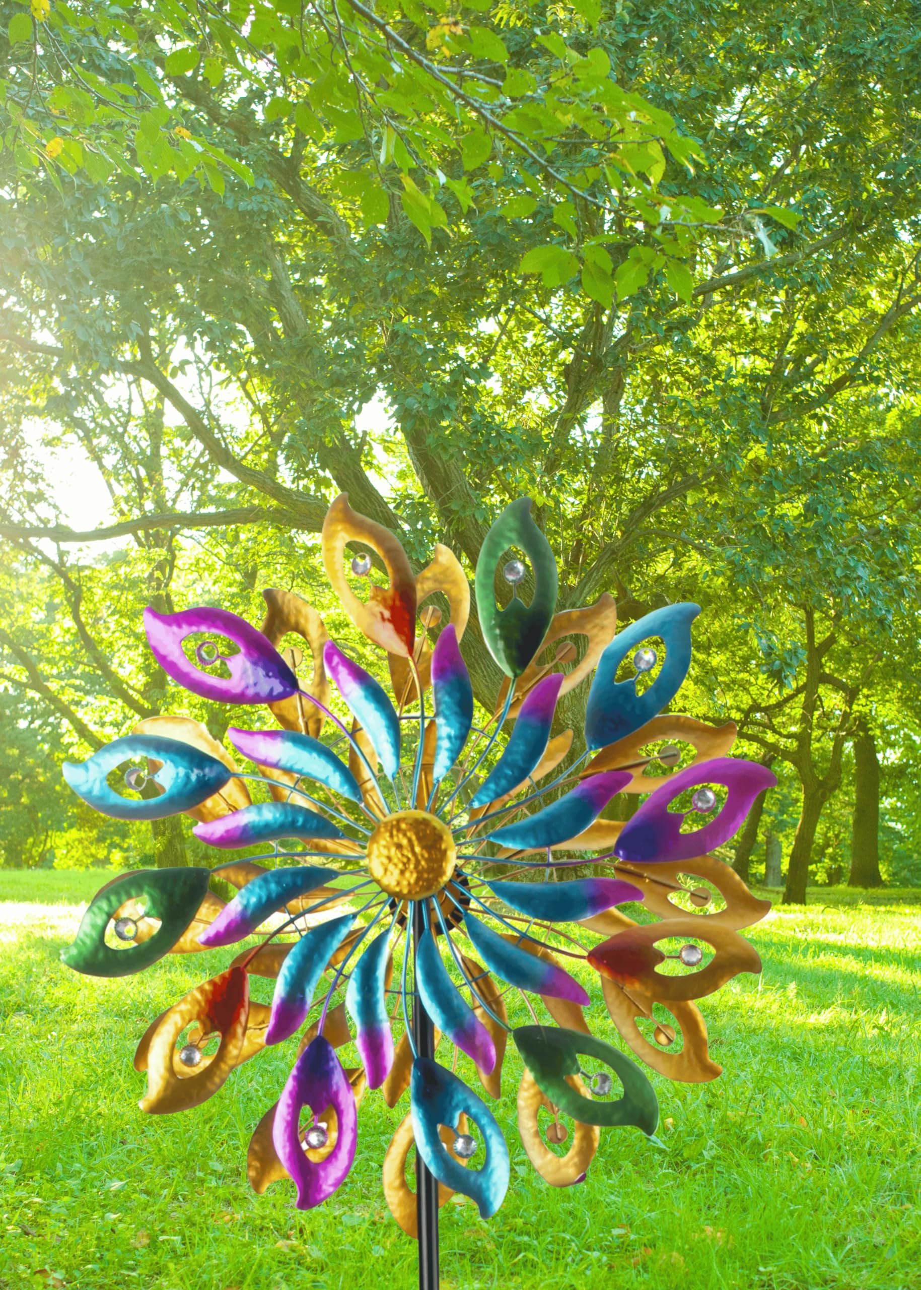 Windrad Windspiel Mehrfarbig aus Metall als Gartenstecker Höhe 188 cm Durchmesser 60 cm