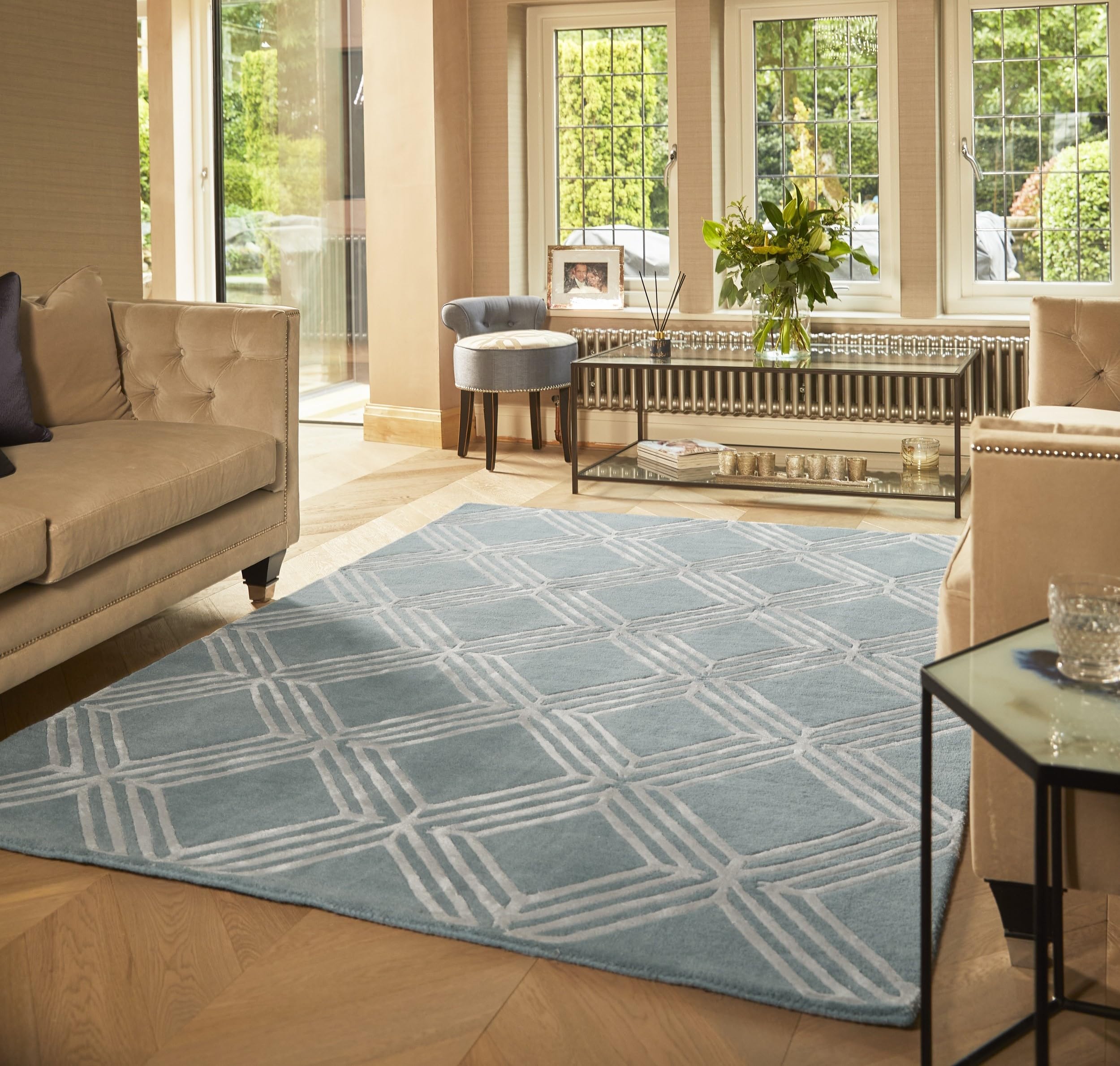 Lord of Rugs Vienna Tappeto fatto a mano per soggiorno, camera da letto, in lana viscosa, con motivo a rombi color crema lucido, dal design lussuosamente morbido e strutturato (blu, medio, 120 x 170