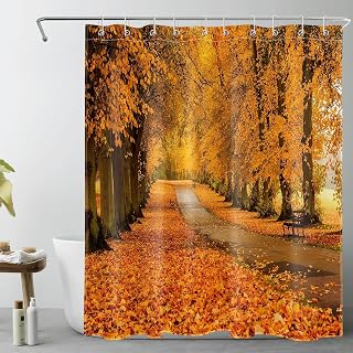 LB Fall Orange Forest Shower Curtain Autumn Maple Tree Forest Leaf Shower Curtains for Bathroom with Hooks Nature Road Scene Bathroom Decor Polyester Fabric 72Lx60W Inch