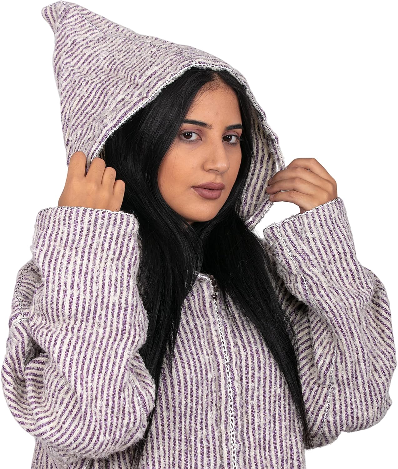 -Striped Djellaba, Sweater Coat, Hoodie Caftan from wool, Handmade boho Clothing, Wool dress women, Long Winter Dress