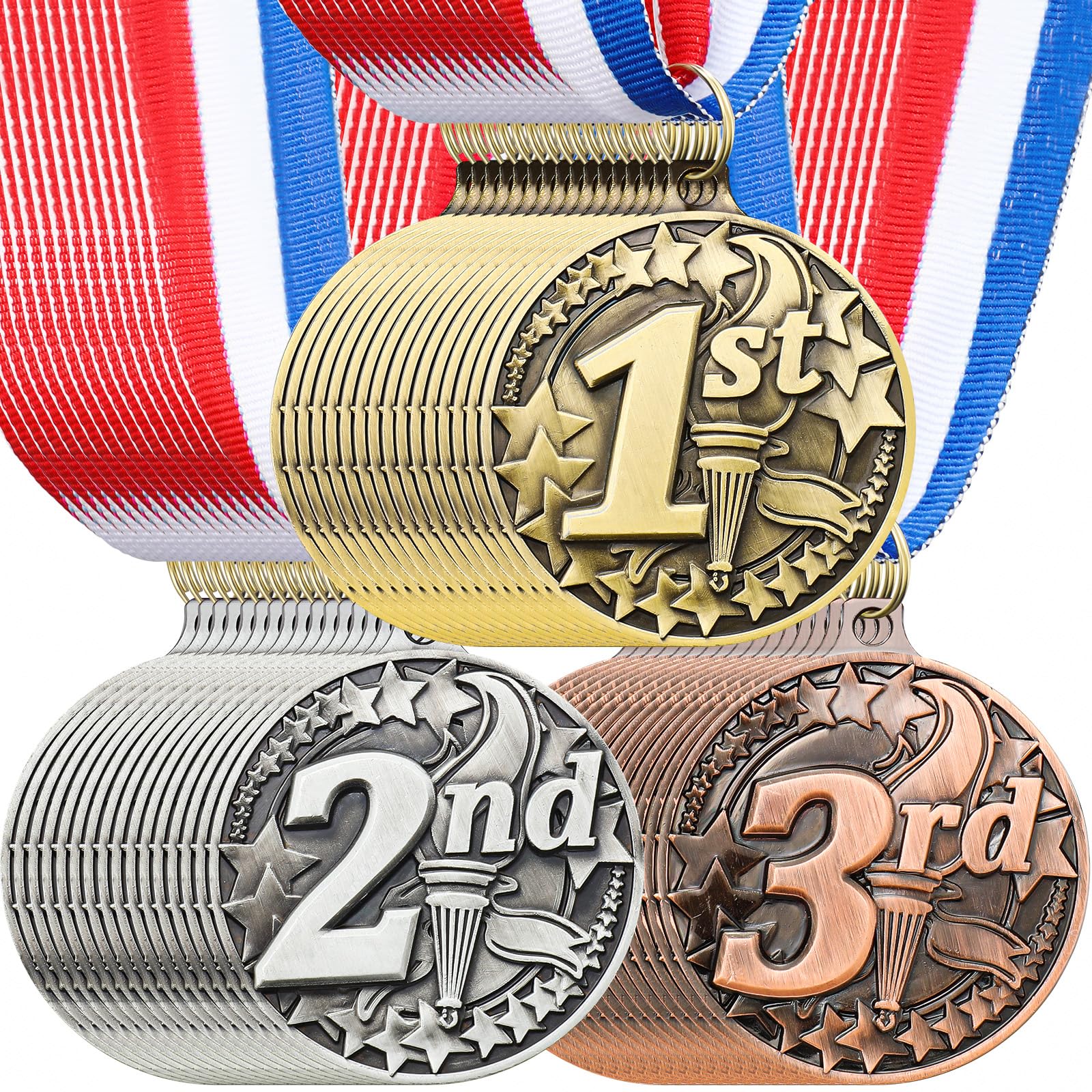 RoundFunny Medaillen für den 1., 2., 3. Platz, Medaillen für Auszeichnungen, Gewinnermedaille, Gold, Silber, Bronze, Medaille mit Halsband, Trophäe, Auszeichnung für Sportwettbewerbe, Party, 5,1 cm