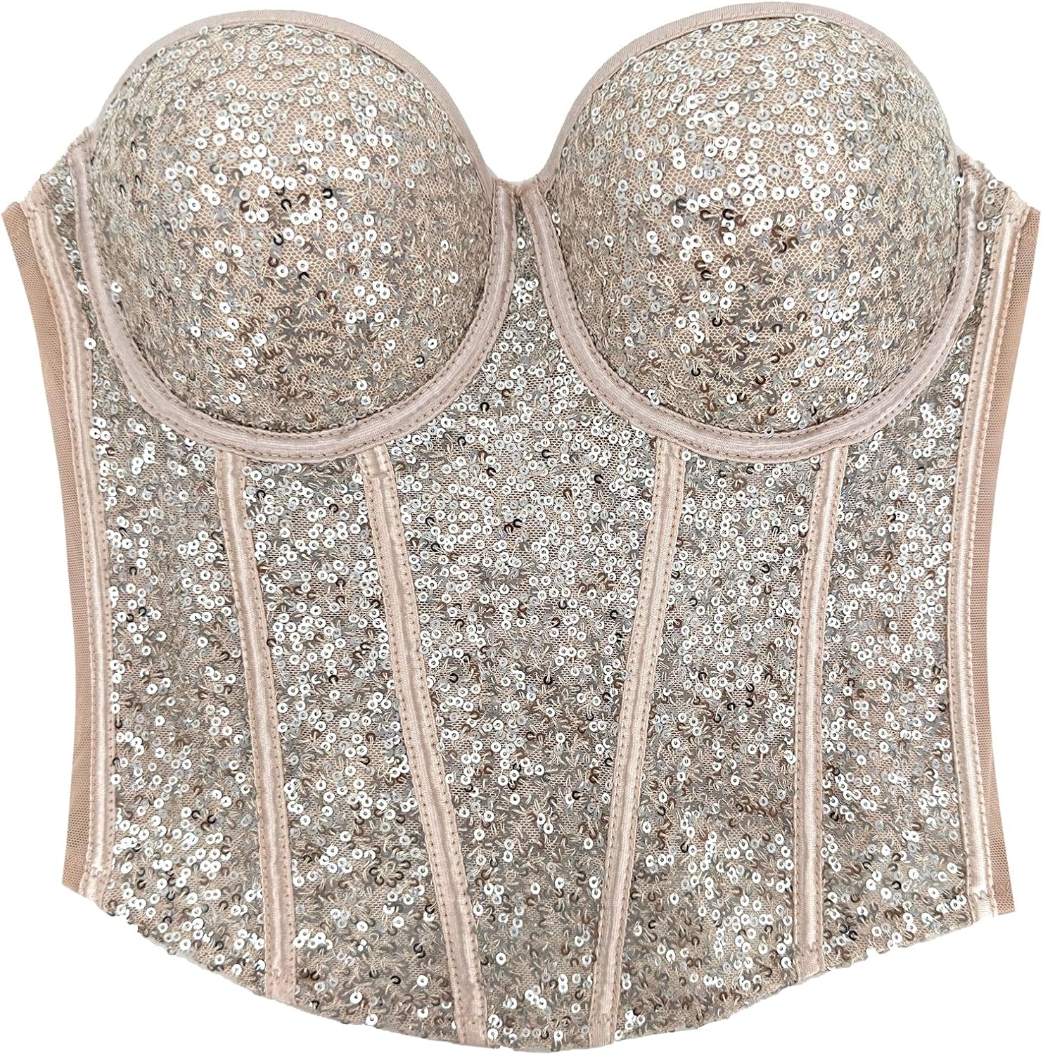 ELLACCI Women's Sexy Sequin Sheer Mesh Bustier Corset Tops Khaki - Image 4