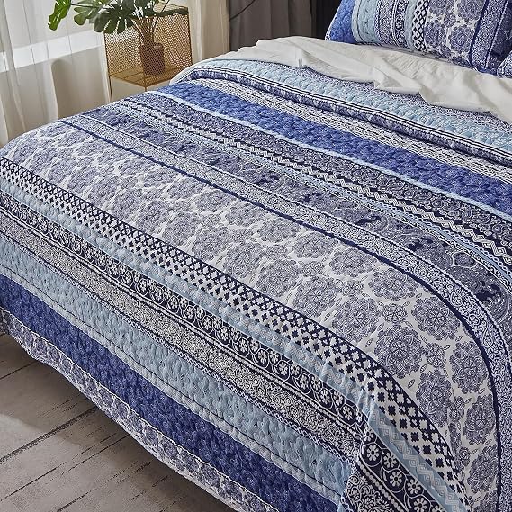 WONGS BEDDING Boho Quilt Set Full, 3 Pcs Blue Striped Bedspread