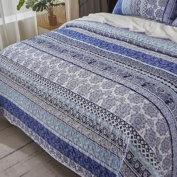 WONGS BEDDING Boho Quilt Set Full, 3 Pcs Blue Striped Bedspread
