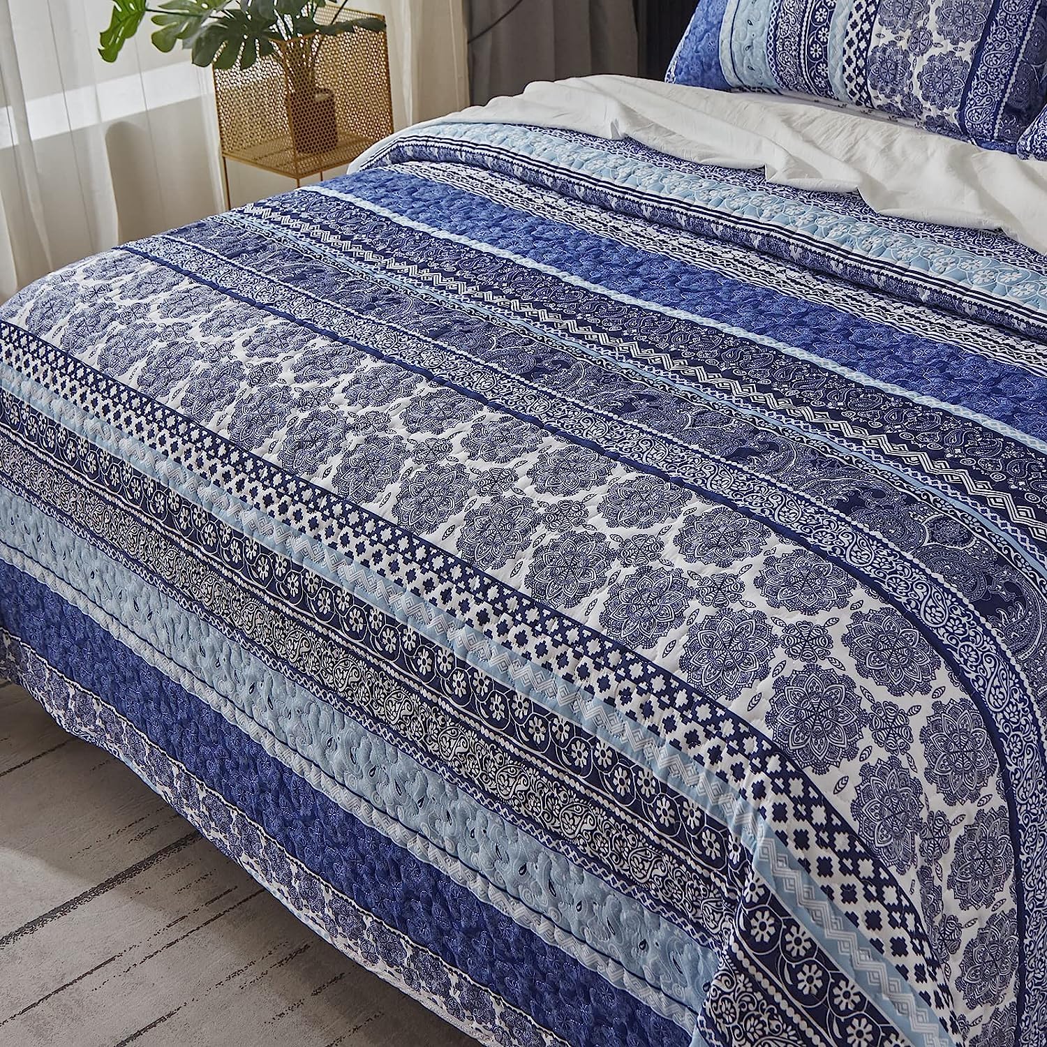 Boho-Bettwäsche-Set Volle Größe – Blau-weiß Gestreift, 3-teilig, Mikrofaser, Für Alle Jahreszeiten