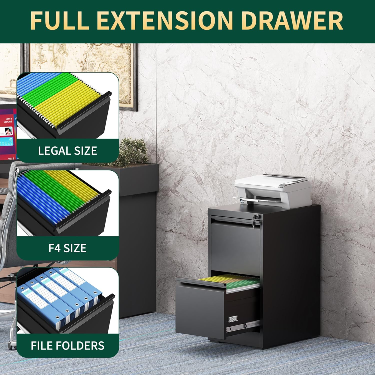 2 Drawer File Cabinet with Lock, Steel Vertical Filing Storage Cabinet for Home Office, Heavy-Duty File Cabinets for Letters/Legal/A4 (Require Assembly, Black)