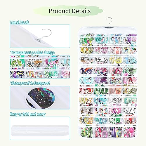 Miniatura 6 de PACMAXI Organizador de exhibición de calcomanías colgantes, almacenamiento de calcomanías de doble cara, 80 bolsillos, soporte portátil para colgar