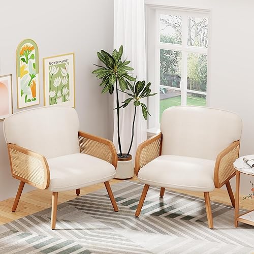 Andeworld Juego de 2 sillas decorativas con brazos de ratán, sillón tapizado moderno de mediados de siglo, silla auxiliar de club con tela de lino