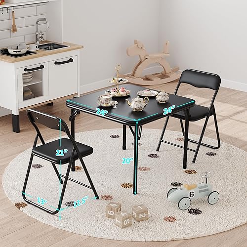Miniatura 2 de CuisinSmart Juego de 3 mesas y sillas plegables para tarjetas, mesa cuadrada portátil con 2 sillas acolchadas, sillas y mesas plegables para el