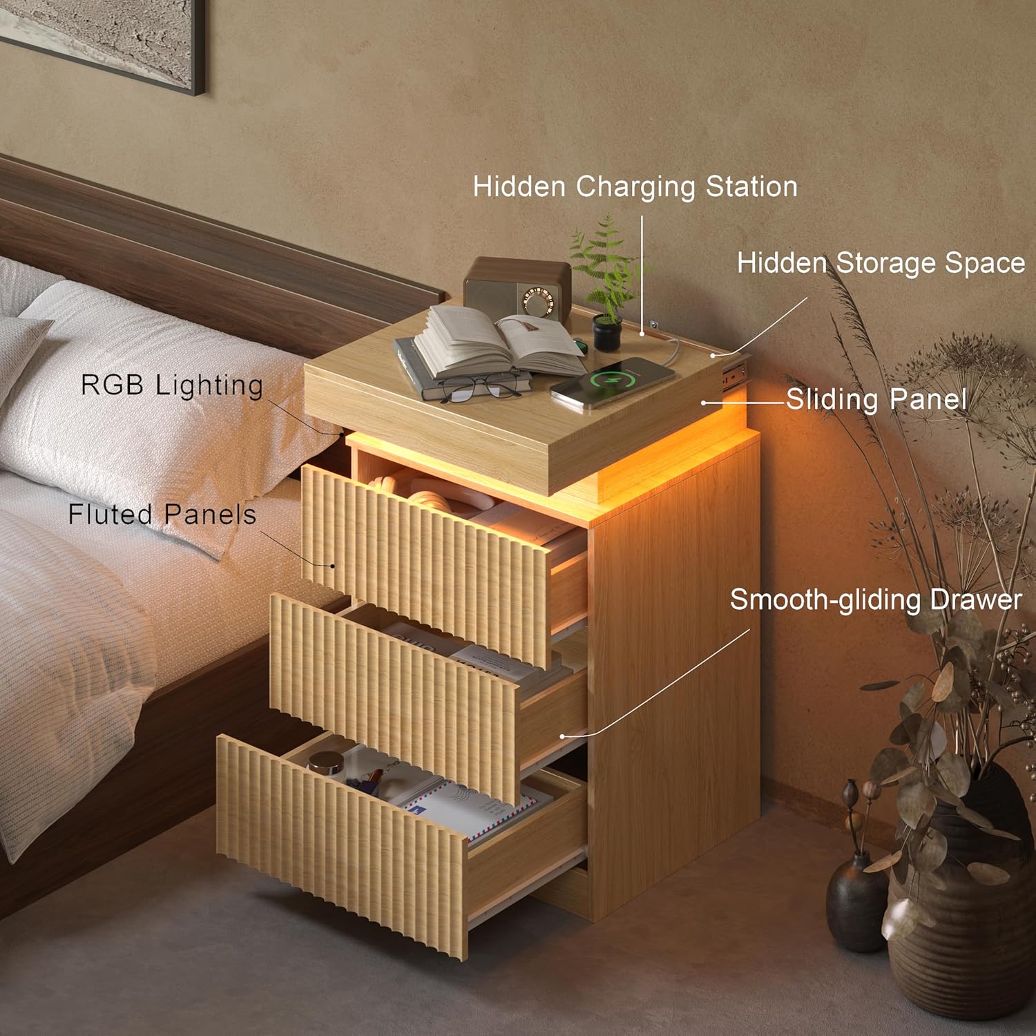 Wood Nightstand with 3 Drawers and LED Light, Mid Century Modern Fluted Night Stand with Charging Station, Bedside Table & End Table for Bedroom