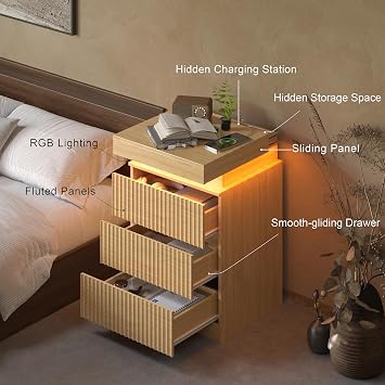 Fluted Nightstand with Charging Station and LED Light, Bedside Table with Sliding Top, USB Ports and AC Outlets, 3 Drawer Storage Cabinet, Modern End Table for Bedroom, Natural Oak