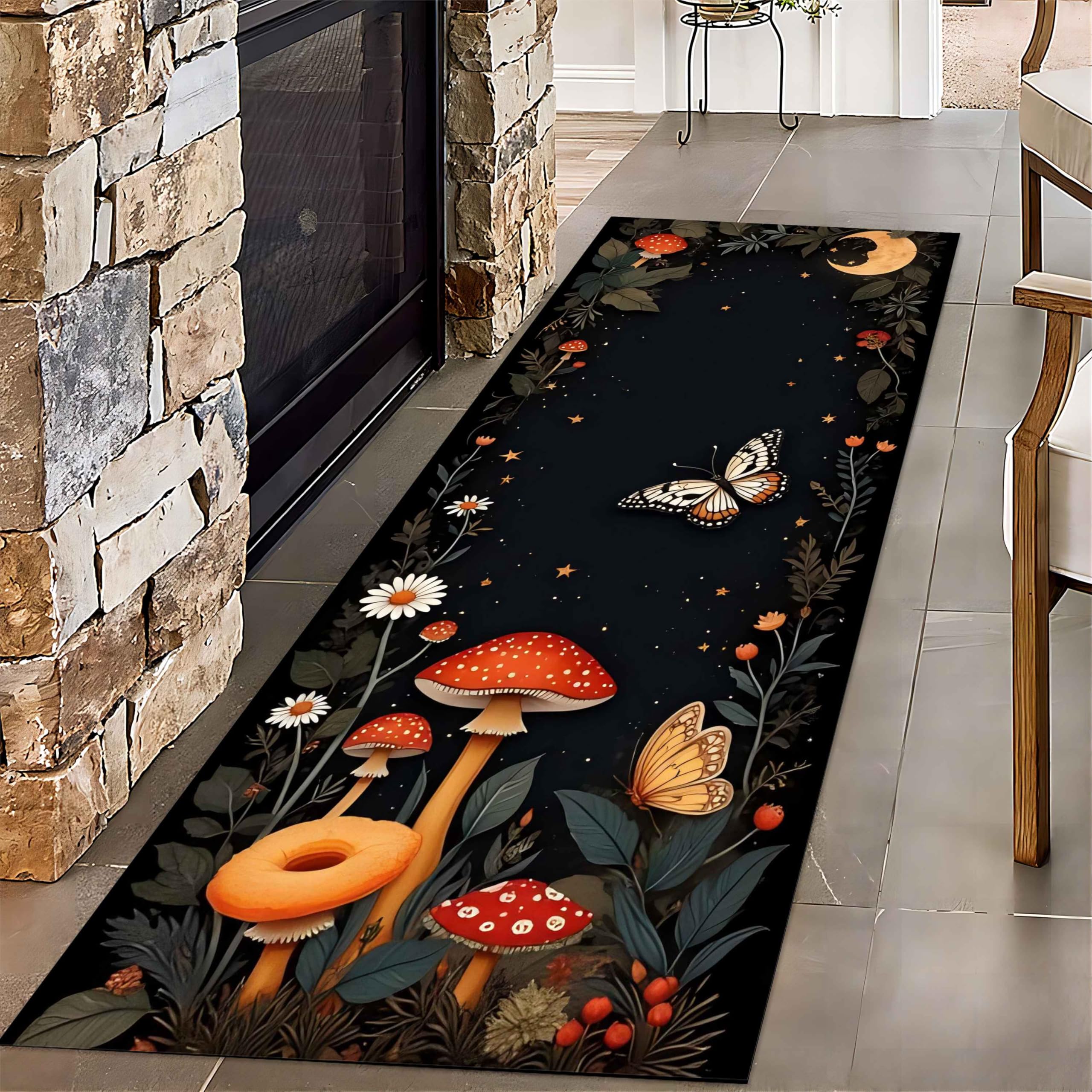 UNREASTO Mushroom Runner Rug for Hallway, 2x10ft, Gothic Butterfly Leaf Moon Hippie Indoor Entry Rug, Non-Slip Non-Shedding Black Runner Rug for Entry
