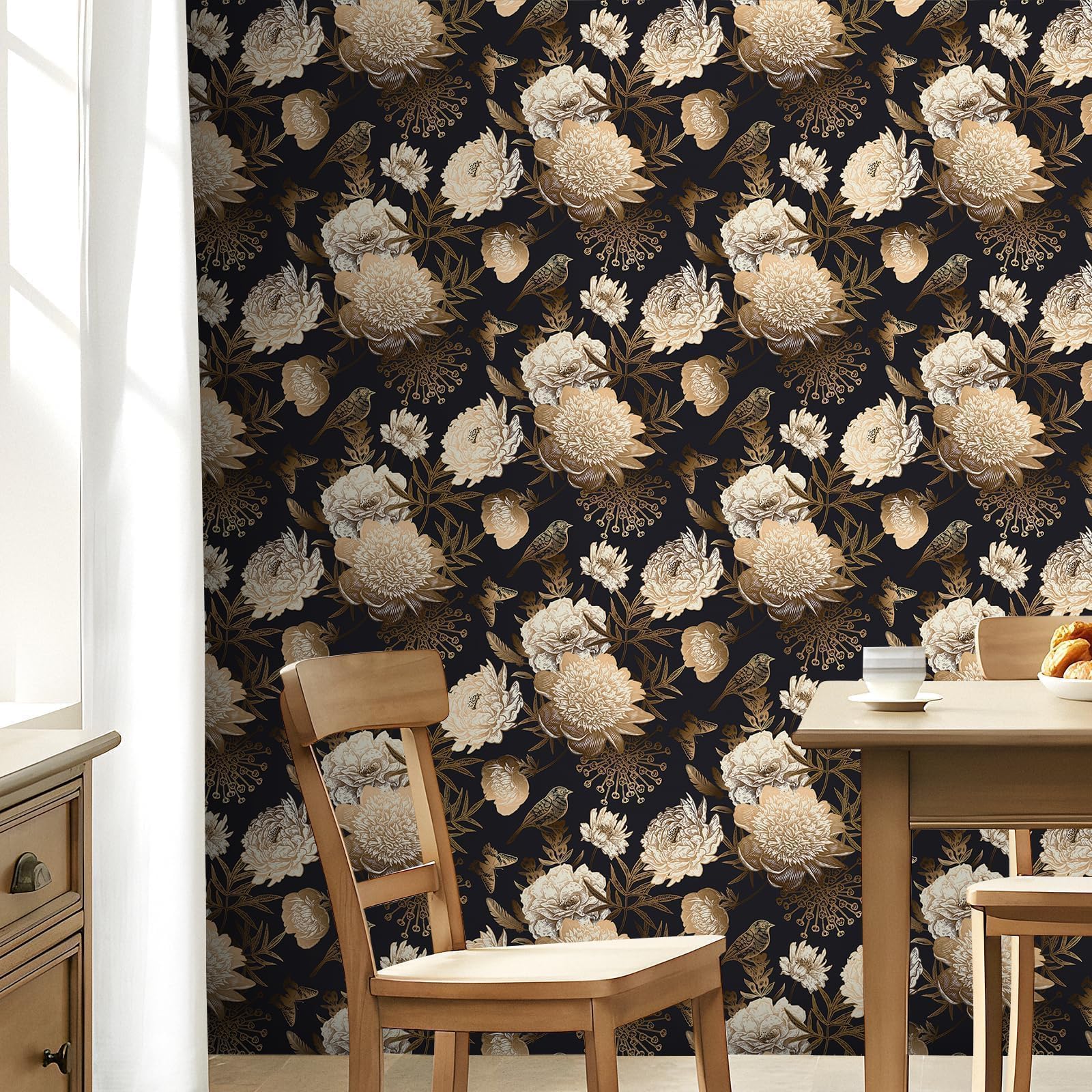 Decotalk Tapete Schwarz Gold Blumen Selbstklebende Tapete Blumen Schlafzimmer 44.5X900cm Klebefolie Schwarz Gold Wandtapete Selbstklebend Möbelfolie Dekorfolie Klebefolie PVC Vinyl Wandaufkleber