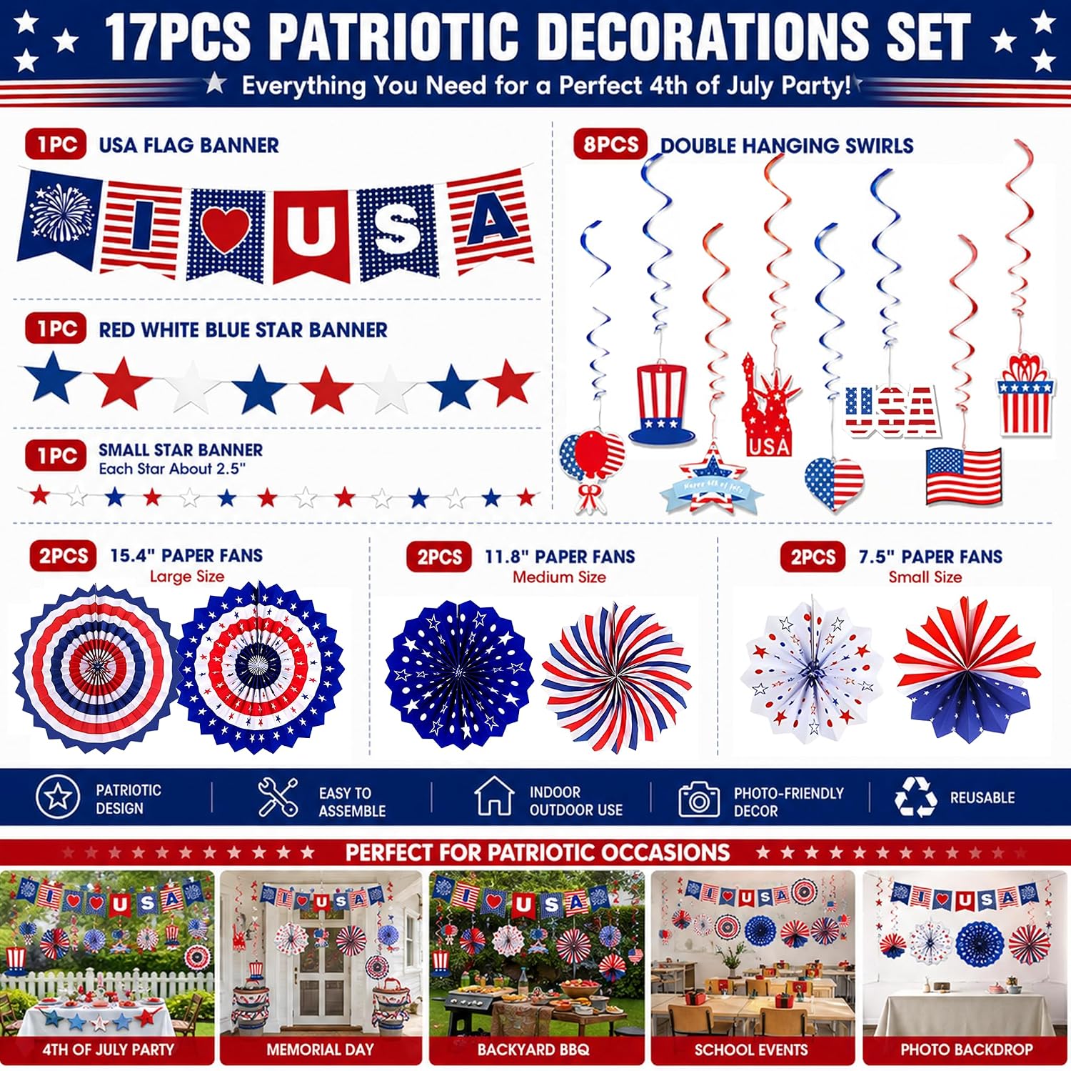 Red White Blue Party Decoration, USA Veterans Day Banner Paper Fans image 2