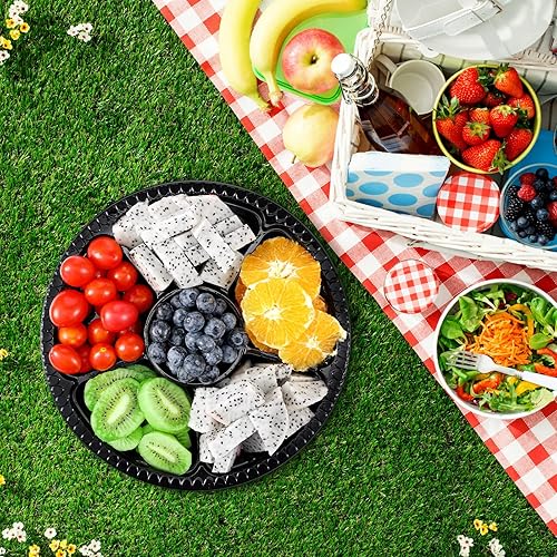 Miniatura 7 de Patelai 10 bandejas de plástico para verduras con tapa, bandejas de frutas, bandejas redondas desechables para servir aperitivos con 6