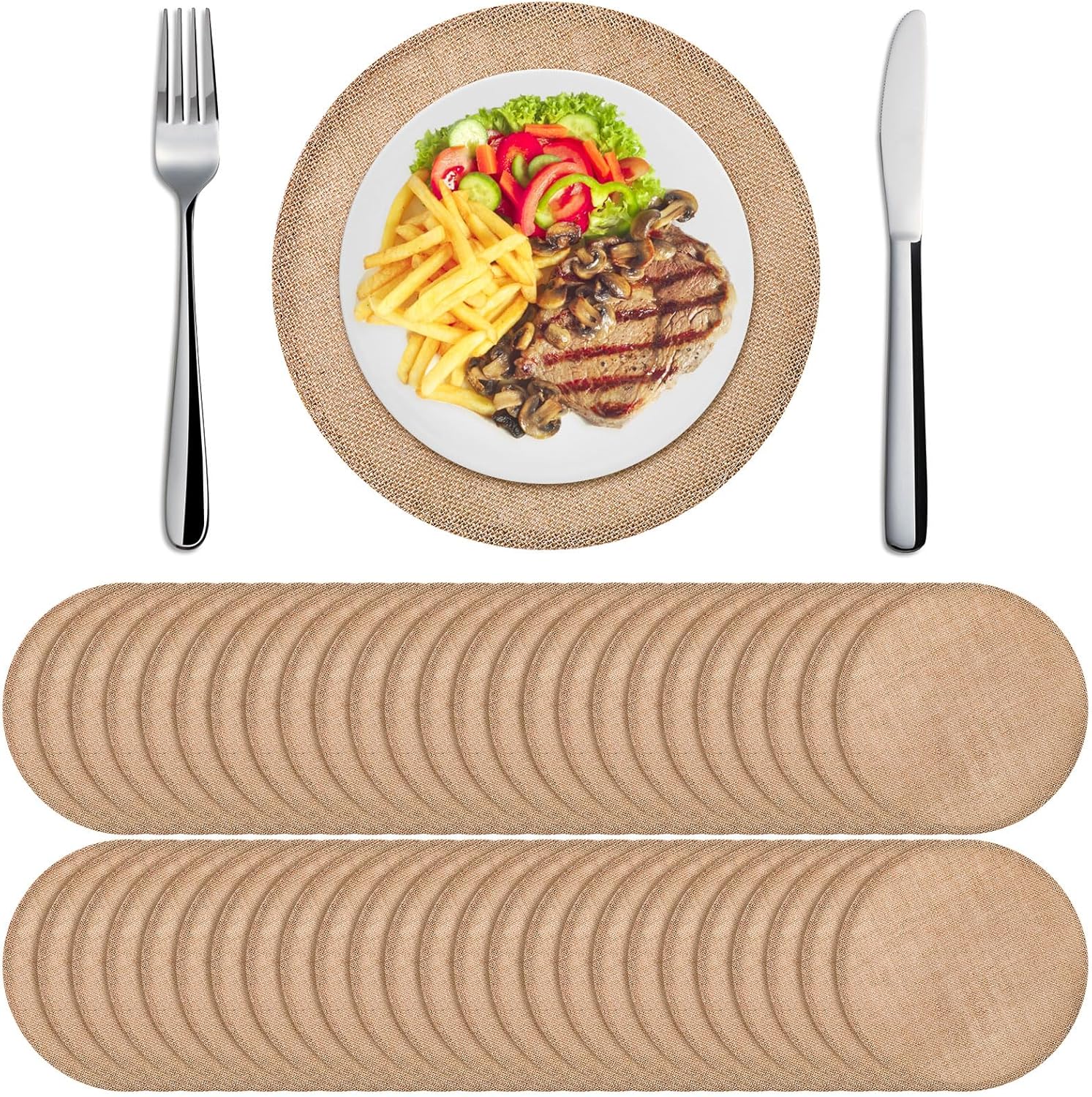 Yunlly Set of 48 Burlap Round Placemats Bulk Burlap Circle Rustic Table Decorations Jute Farmhouse Placemats Heat Resistant Round Table Mats Charger Place Mats for Christmas(15 in,Brown) Brown 15 In