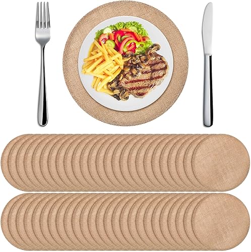 Yunlly Juego de 48 manteles individuales redondos de arpillera a granel, círculos rústicos de arpillera, decoraciones de mesa de yute para granja,