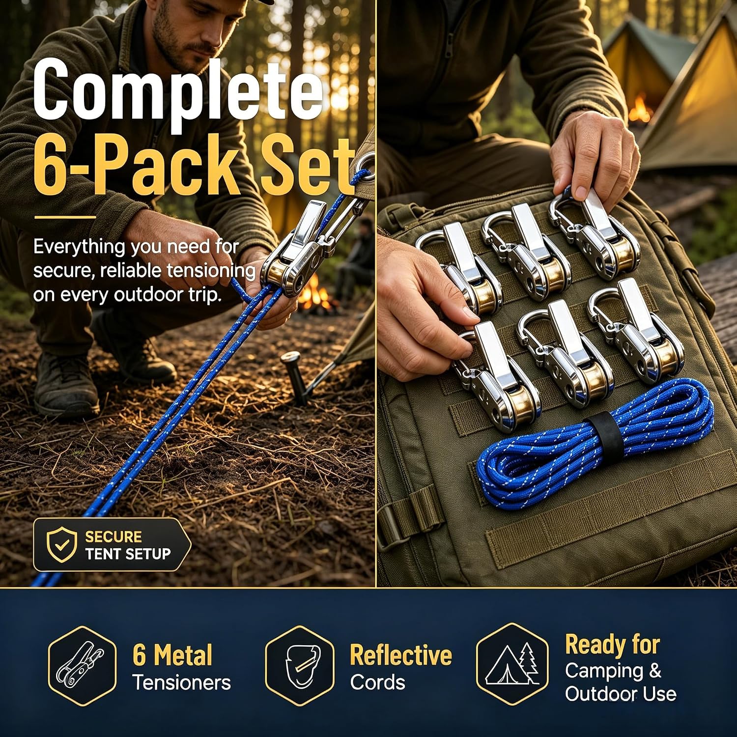 6-Pack Paracord Adjusters - Rope Adjuster Tensioner 6 Pack, Rope with Roller Tensioner Heavy-Duty Tie Down for Camping, Tarps, Guy Lines, Boating & Outdoor Gear
