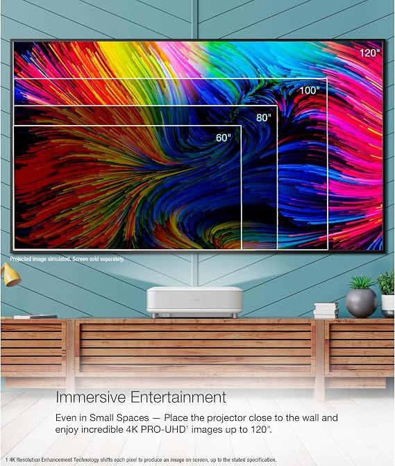 Epson EpiqVision LS650 4K PRO-UHD Ultra Short Throw Laser Projector | 3-Chip 3LCD 3600 Lumens Color and White Brightness Smart Streaming Android TV HDR Built-in Yamaha Speakers Home Theater
