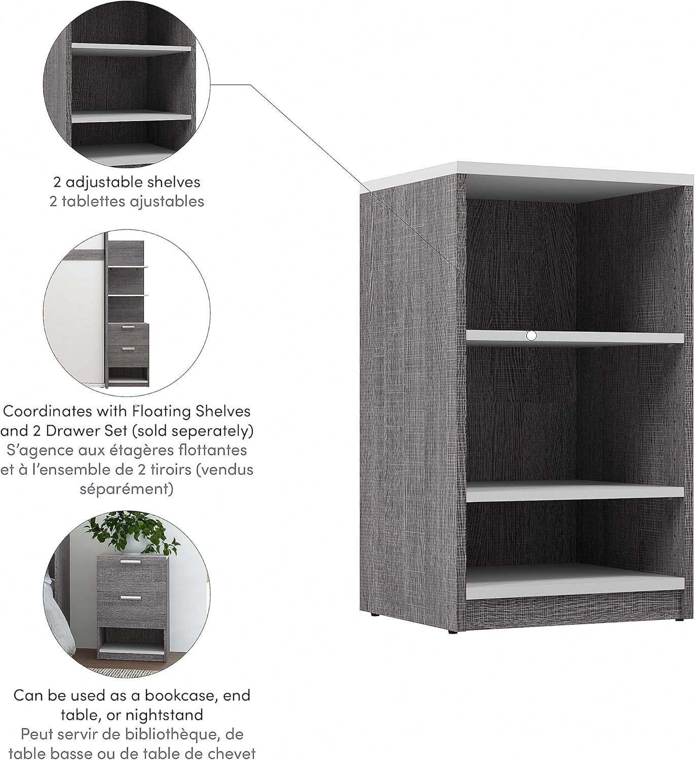 Bestar Cielo Nightstand, 20-inch Bark Gray and White Wardrobe for Walk-in Closet, Bedroom, Mudroom, Entryway, or Kitchen Pantry